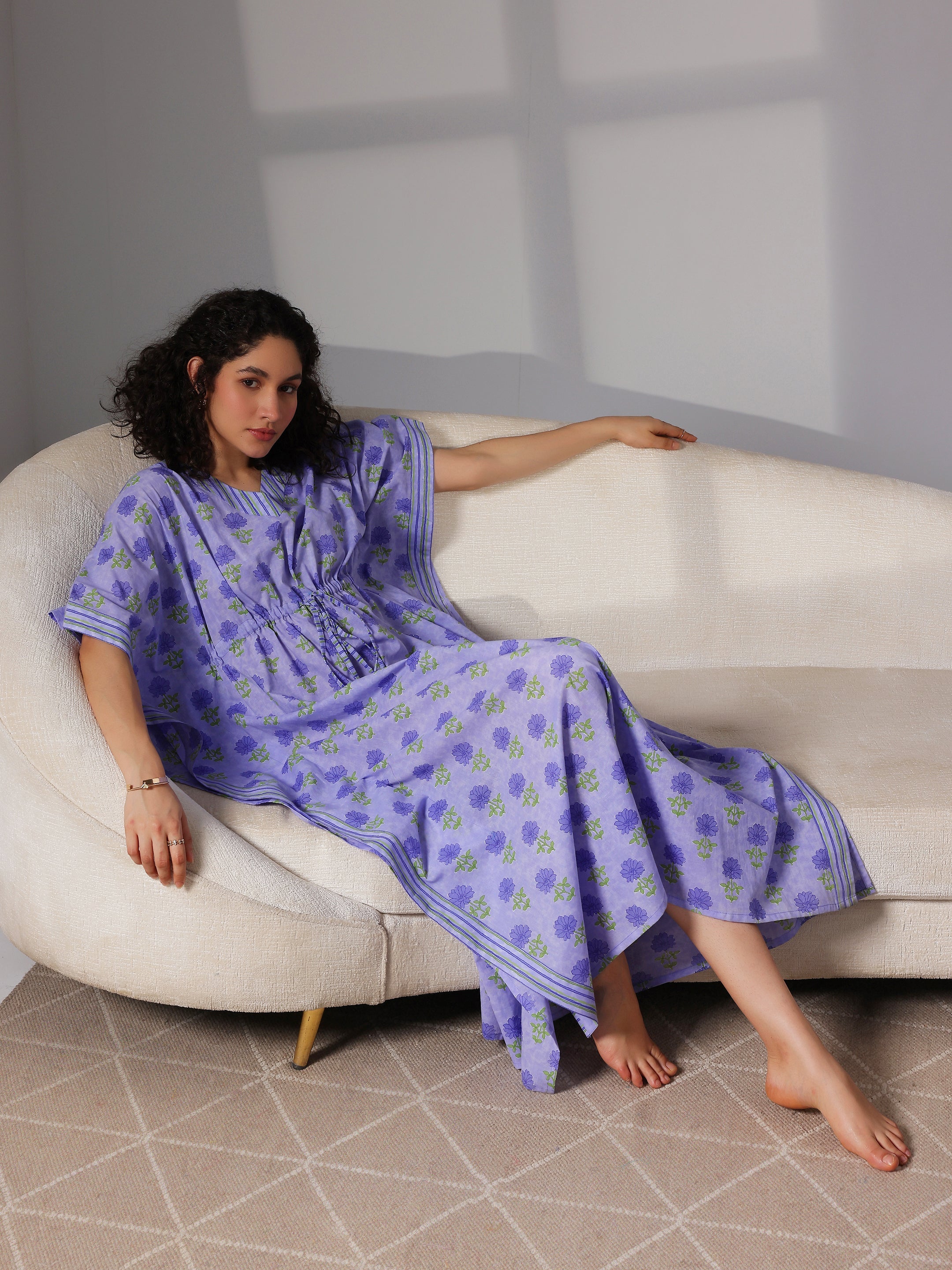 Purple Printed Cotton Kaftan Night Dress