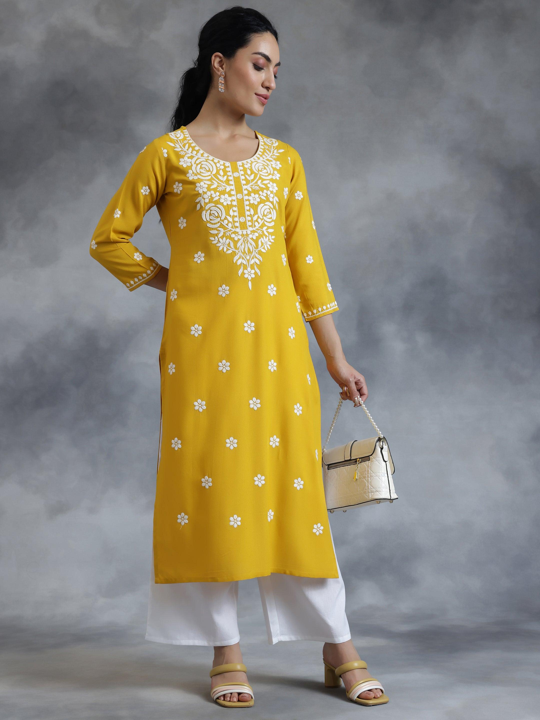 Mustard Embroidered Rayon Straight Kurta