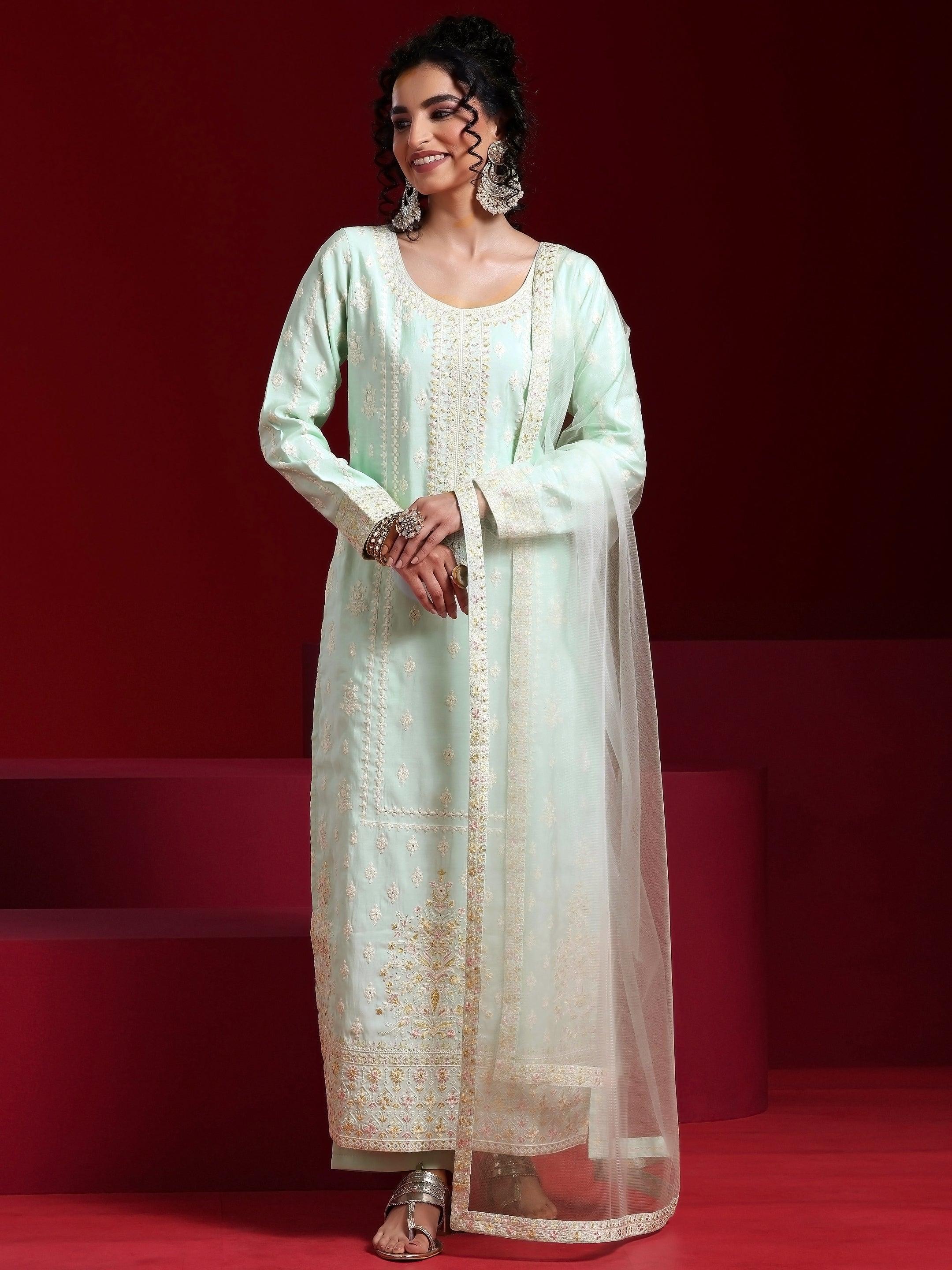 Libas Art Sea Green Embroidered Silk Blend Straight Suit With Dupatta