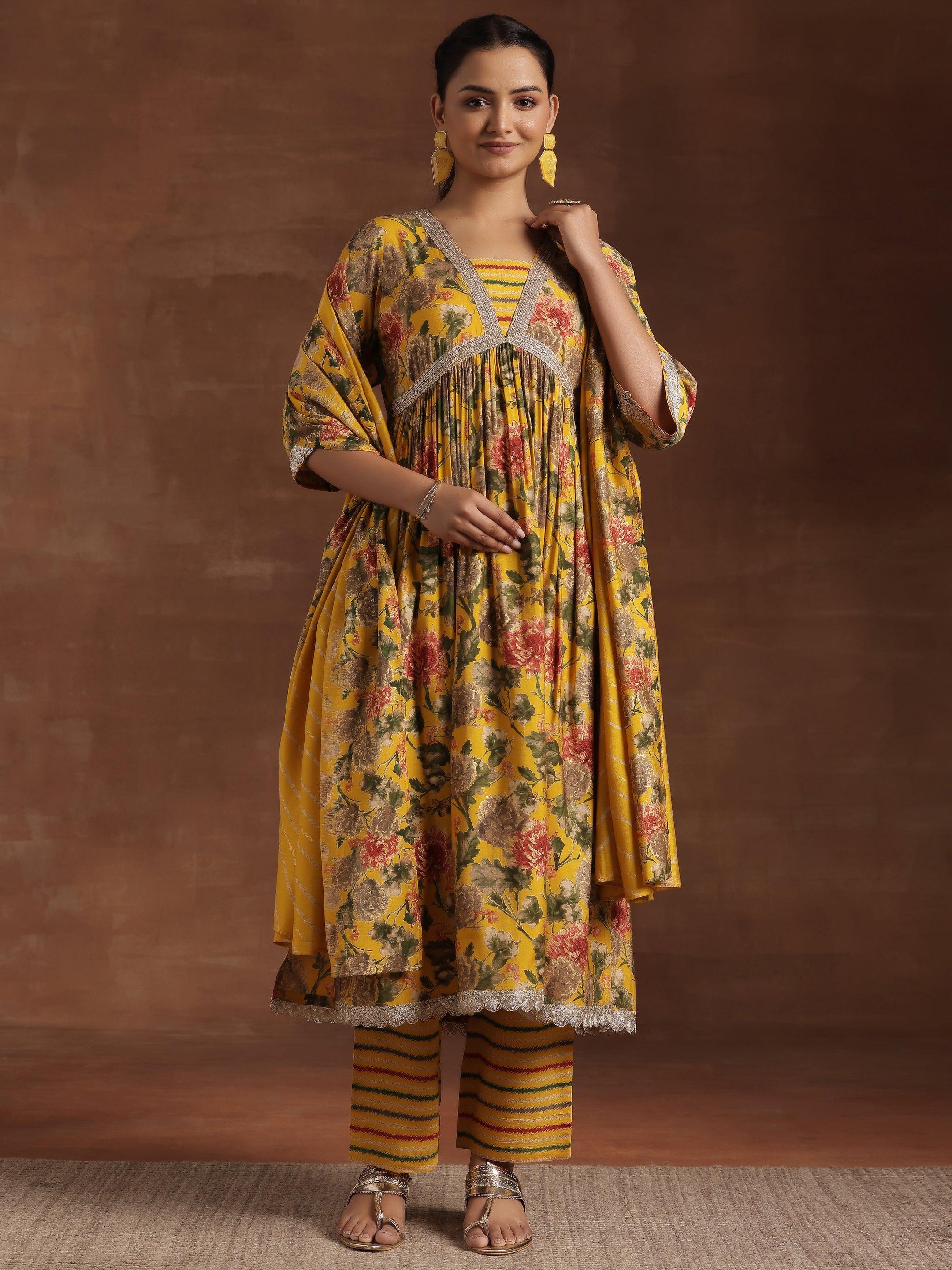 Yellow Printed Silk Blend A-Line Kurta With Trousers & Dupatta