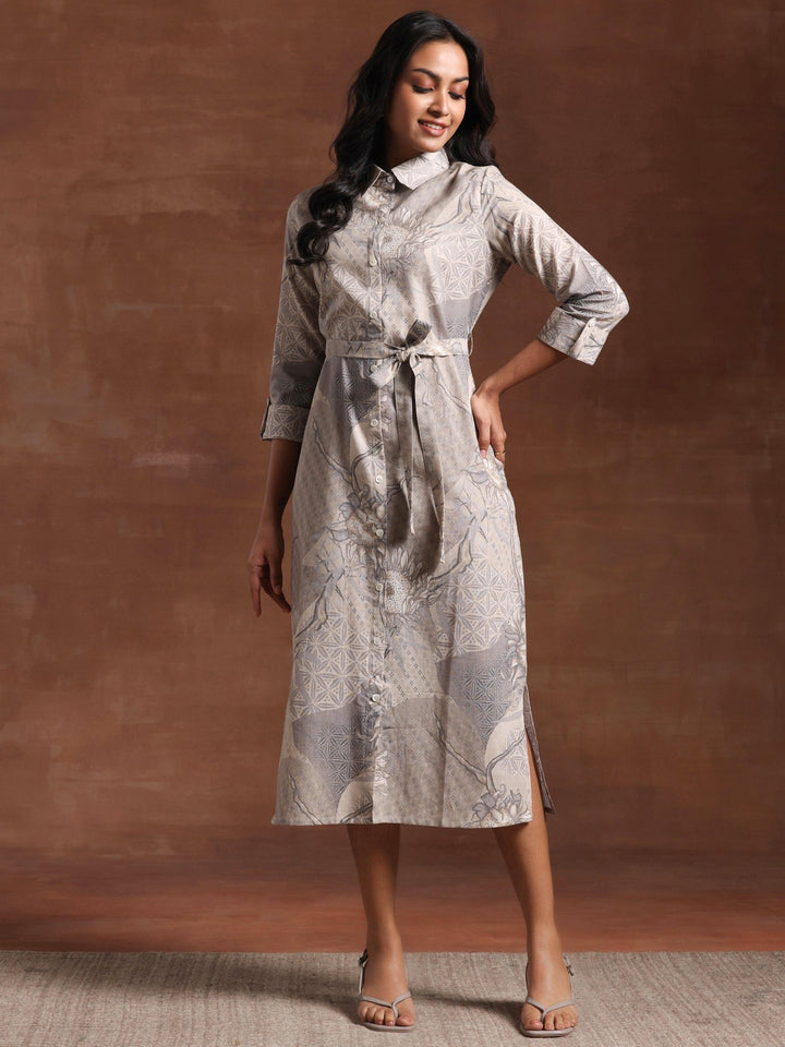 Off White Printed Linen Shirt Dress