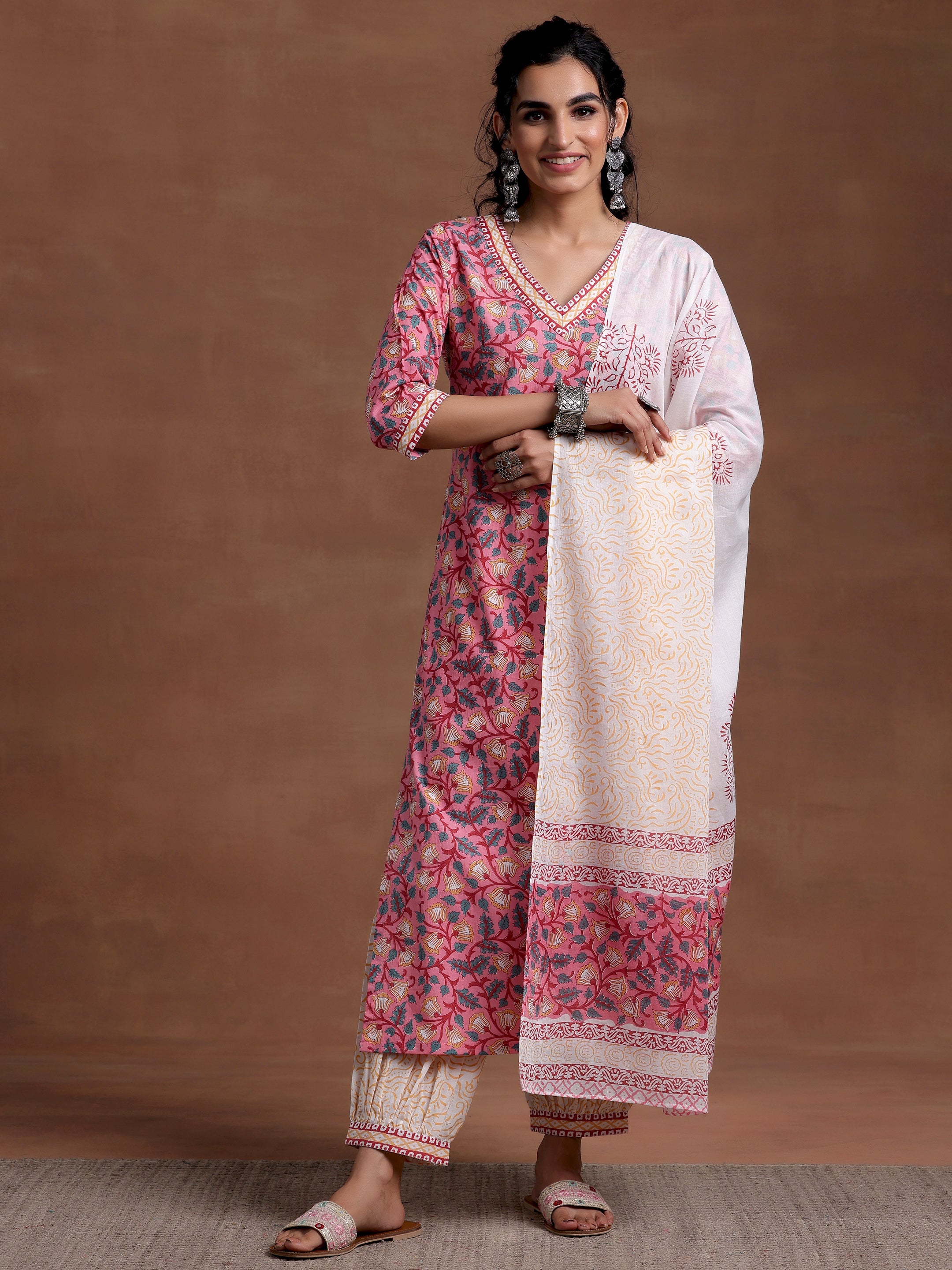 Pink Printed Cotton Straight Suit With Dupatta