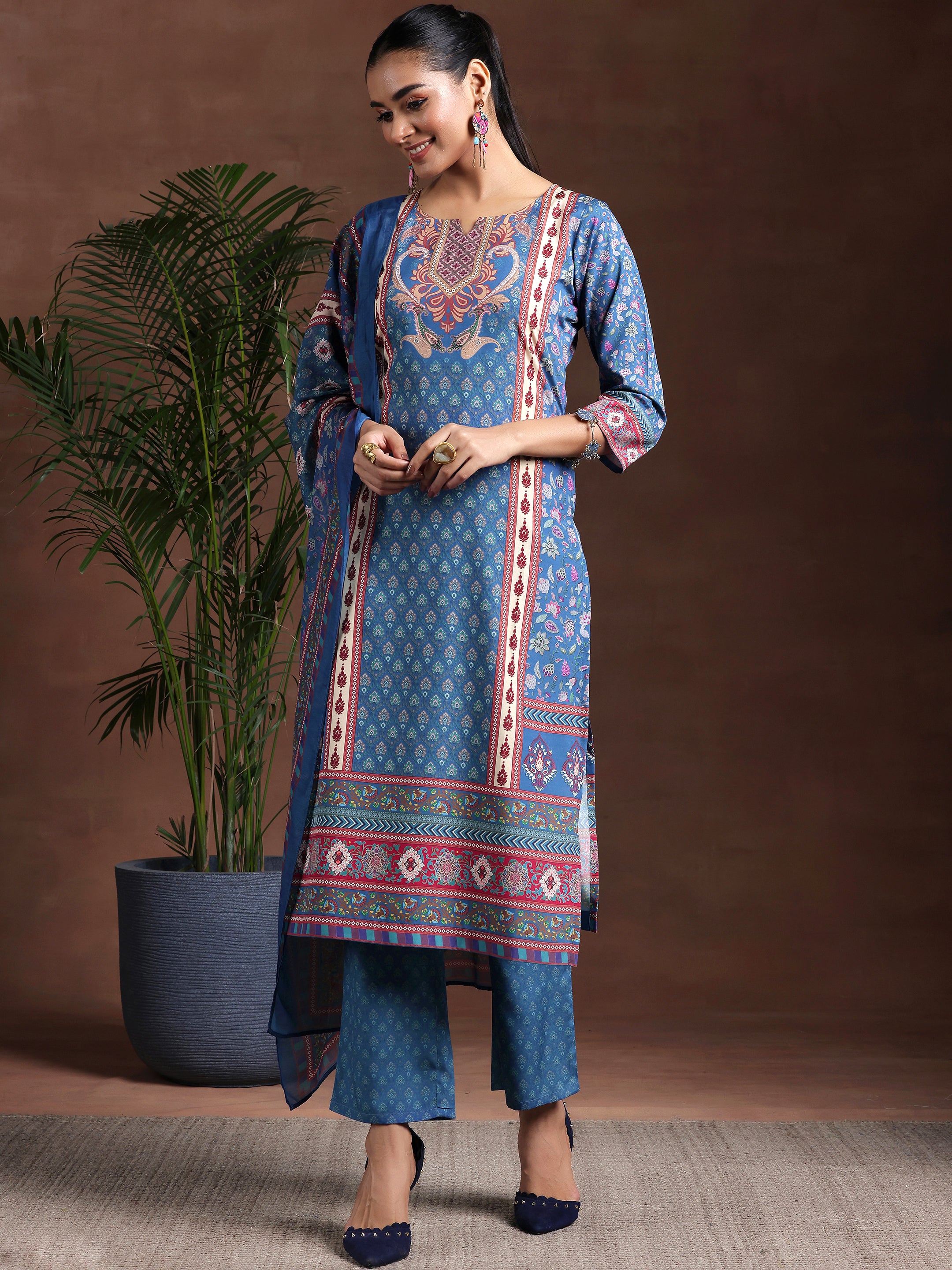 Blue Printed Poly Crepe Straight Suit With Dupatta