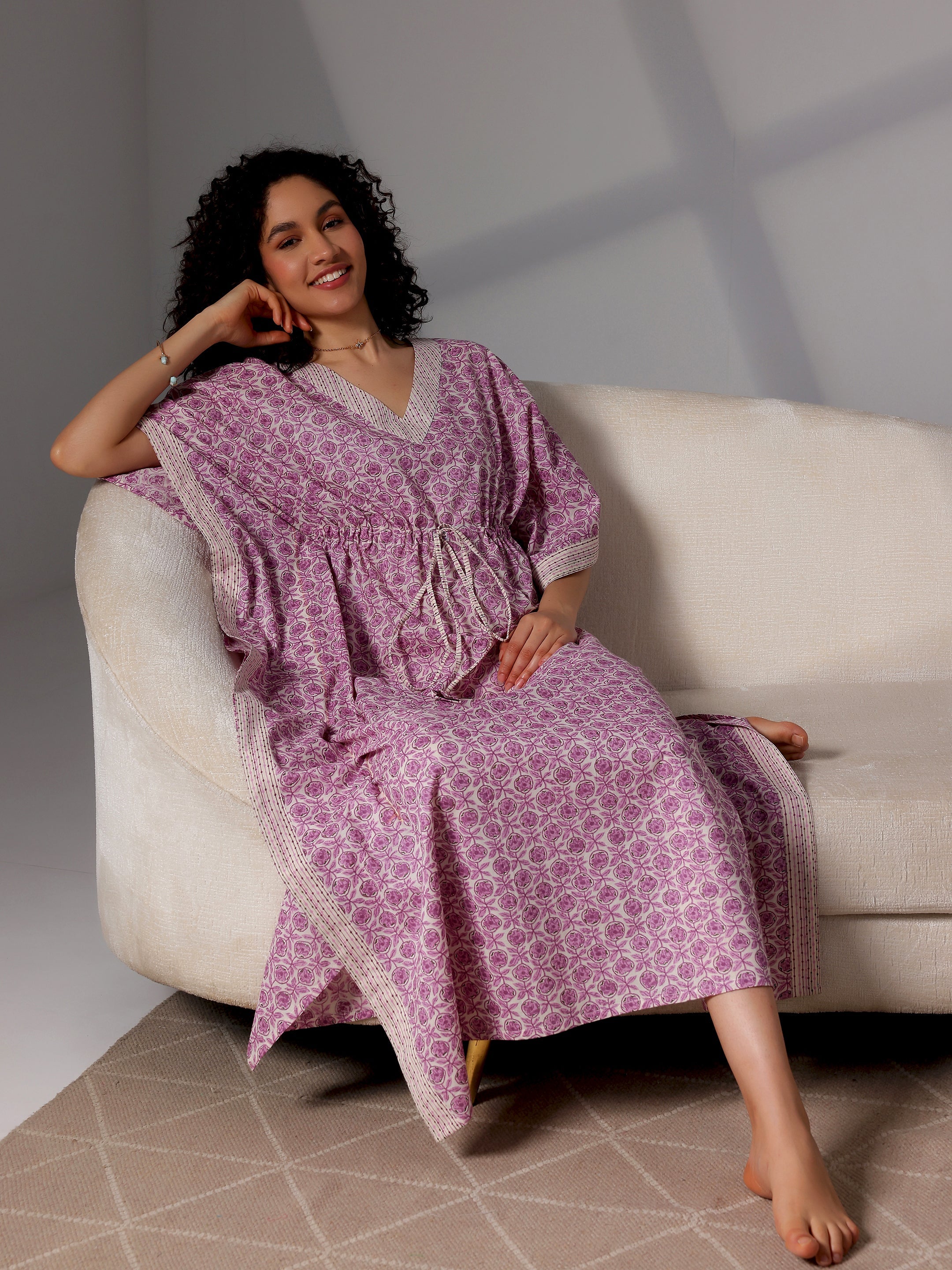 Purple Printed Cotton Kaftan Night Dress