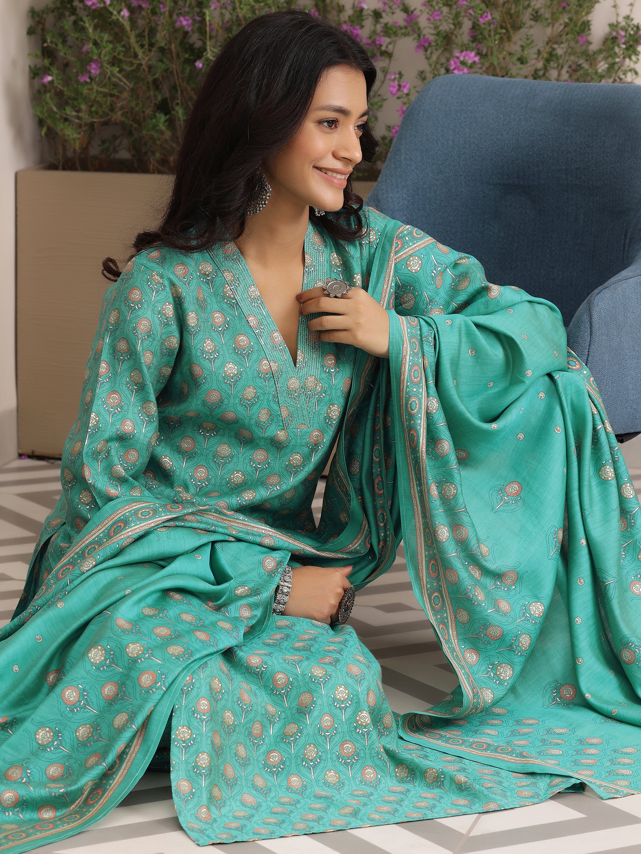 Blue Printed Silk Blend Straight Suit With Dupatta