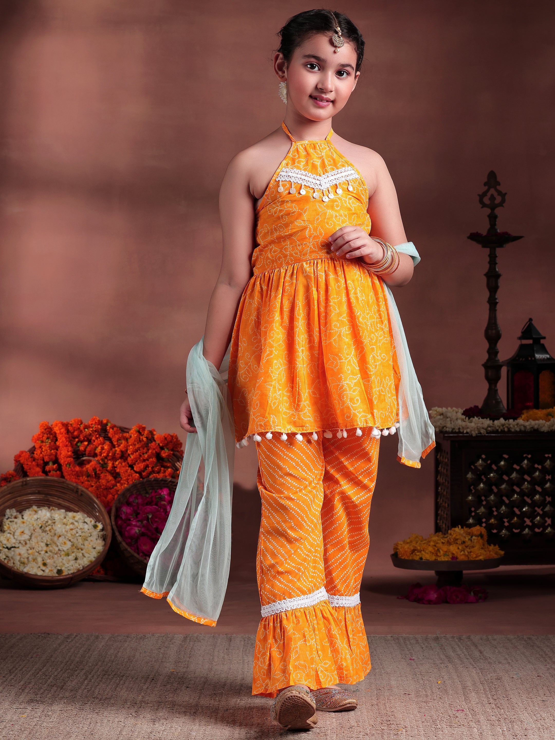 Kids Mustard Printed Cotton A-Line Top With Palazzos & Dupatta