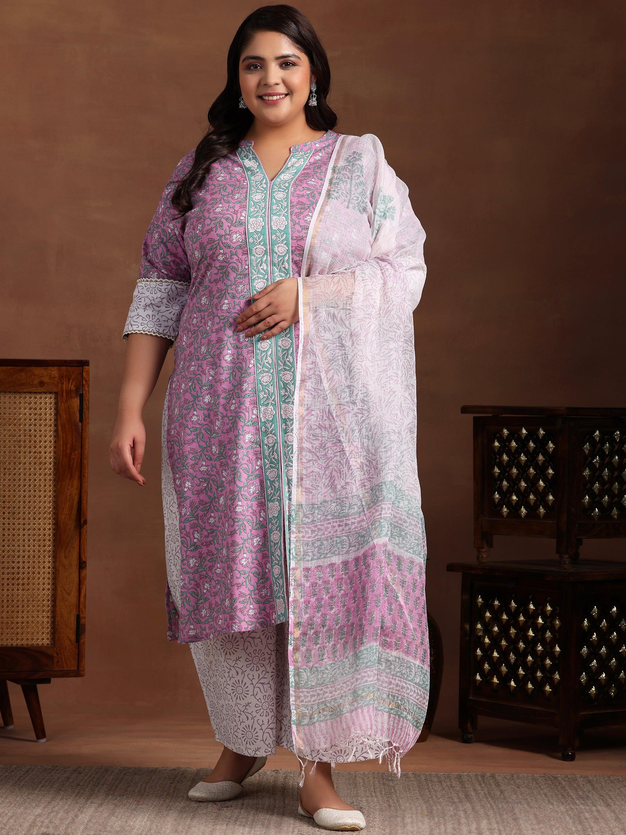 Plus Size Pink Printed Cotton Straight Suit With Dupatta