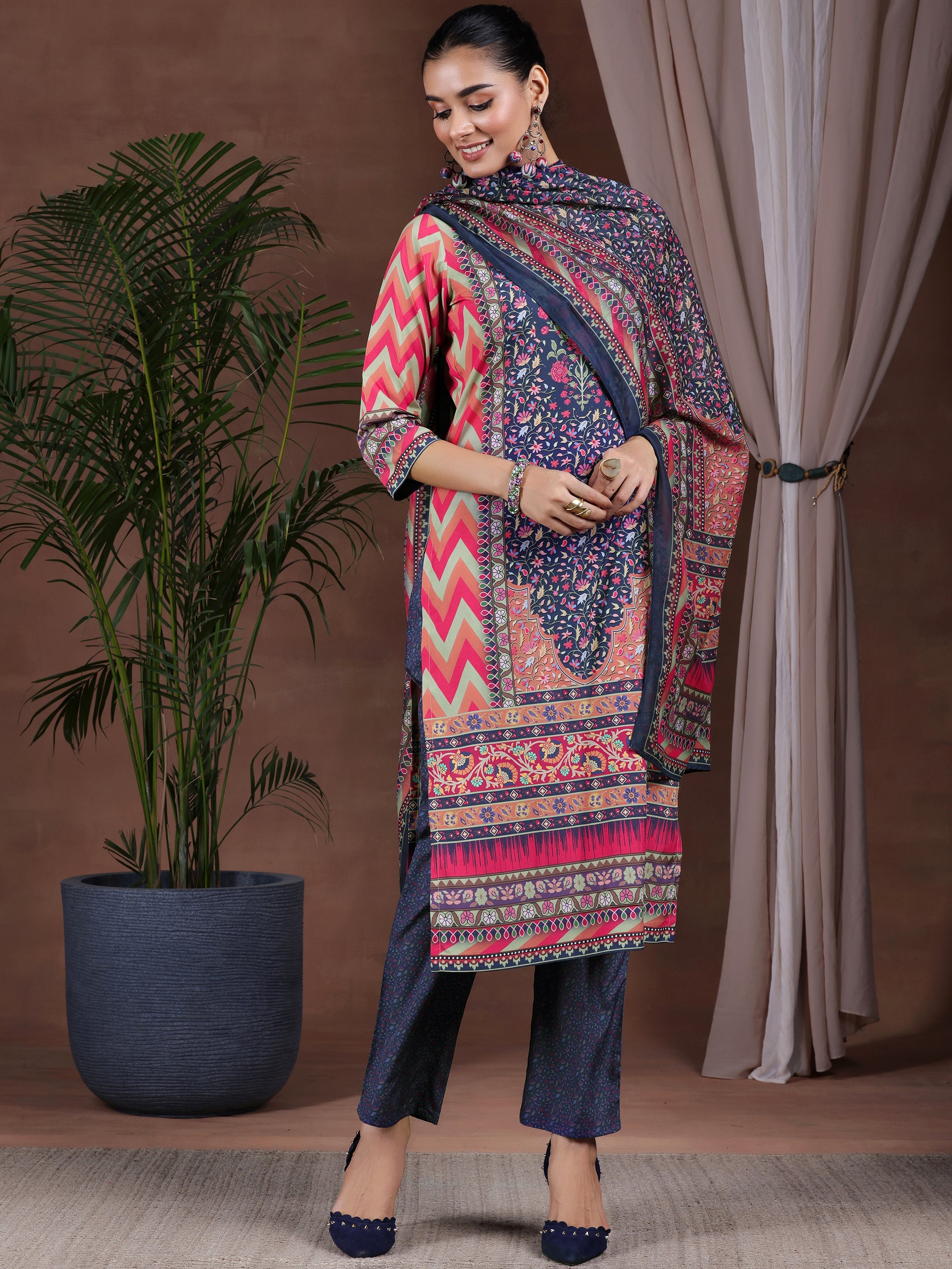 Multi Printed Poly Crepe Straight Suit With Dupatta