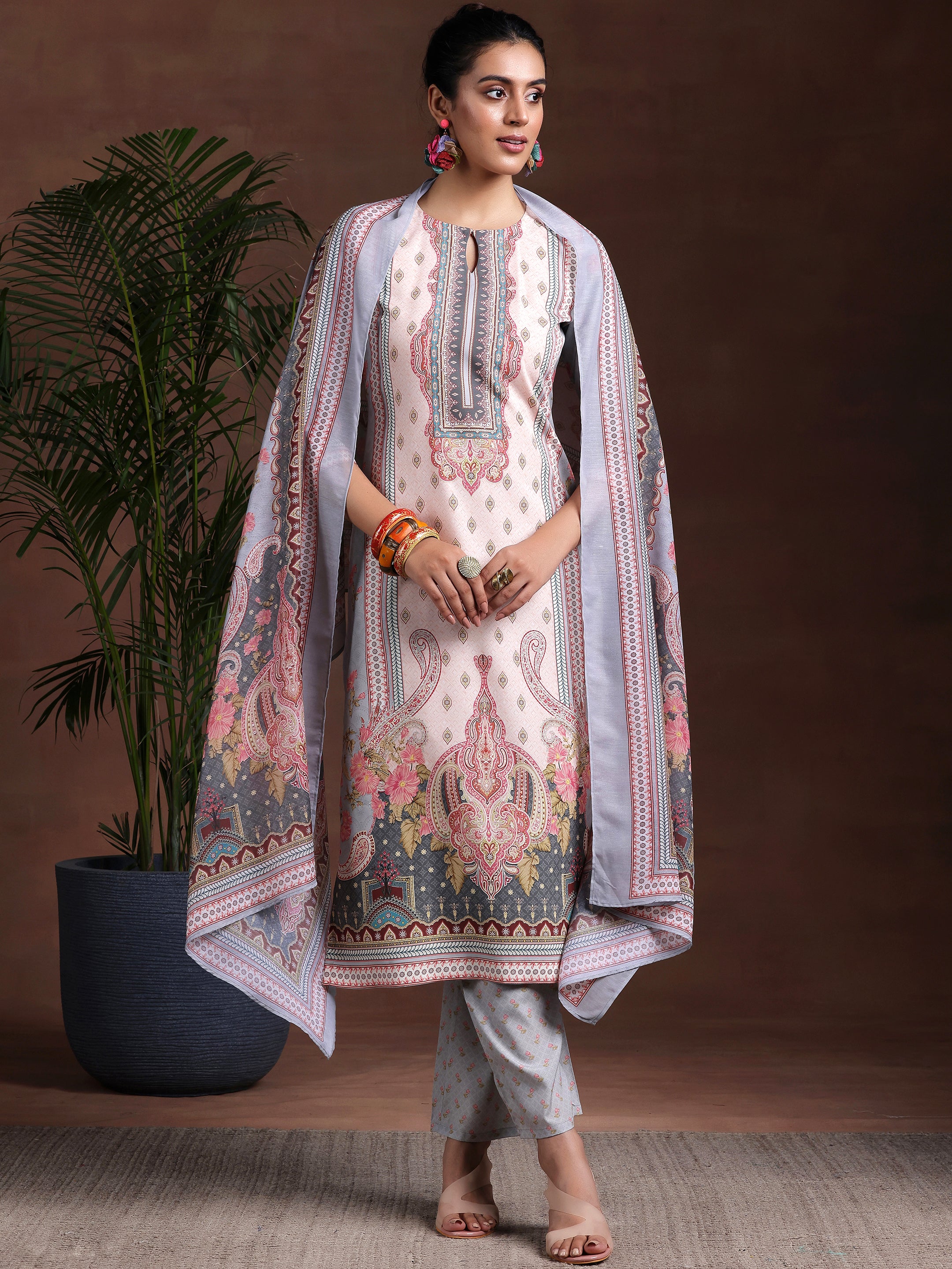 Grey Printed Poly Crepe Straight Suit With Dupatta