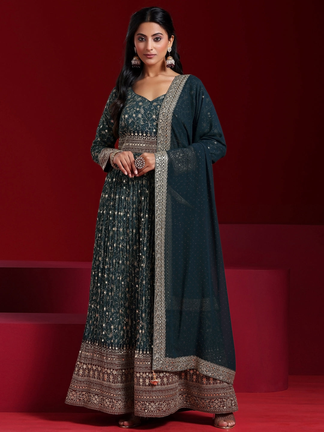 Teal Blue Printed Georgette A-Line Kurta With Trousers & Dupatta