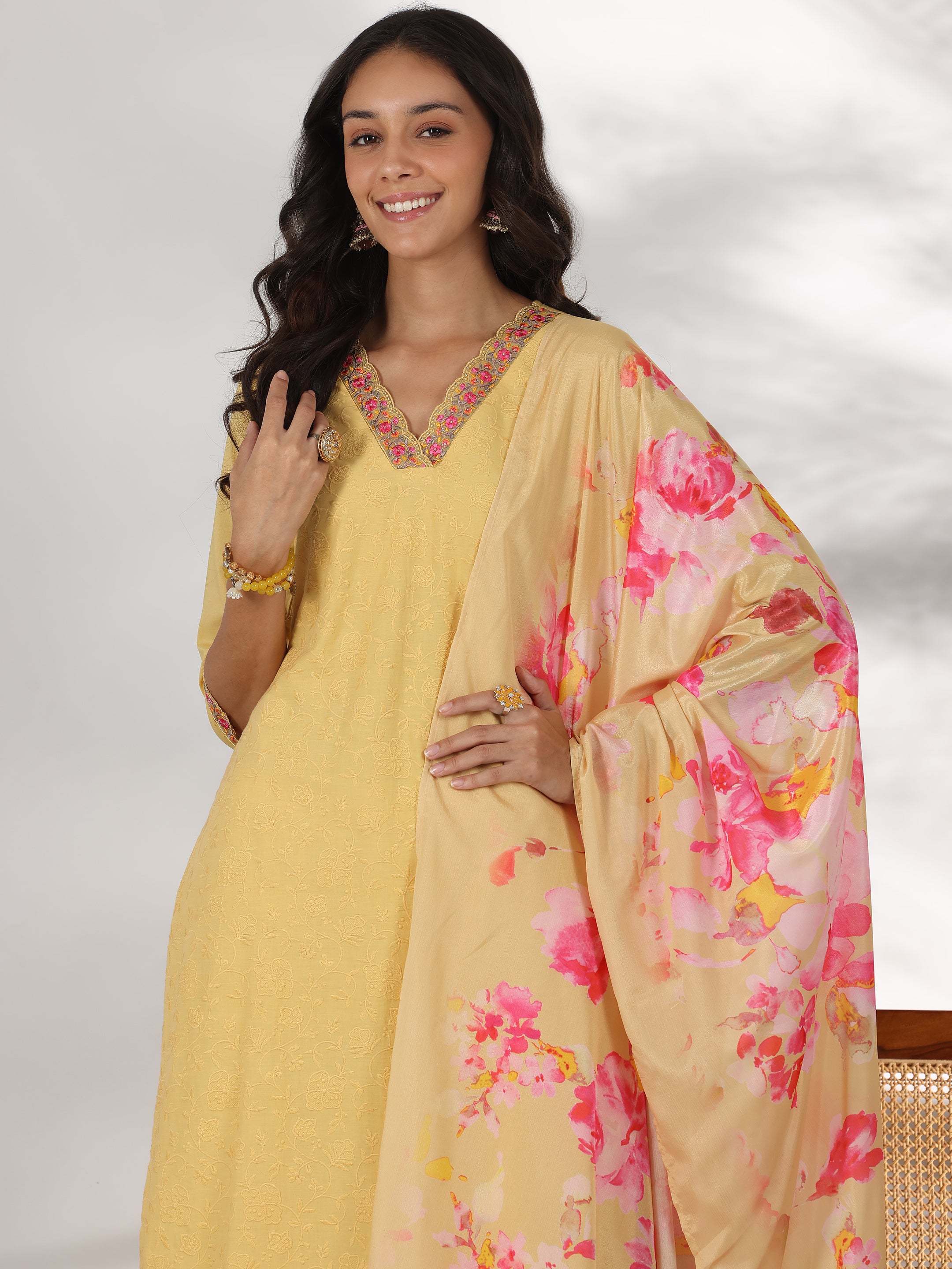 Lime Embroidered Cotton Straight Suit With Dupatta