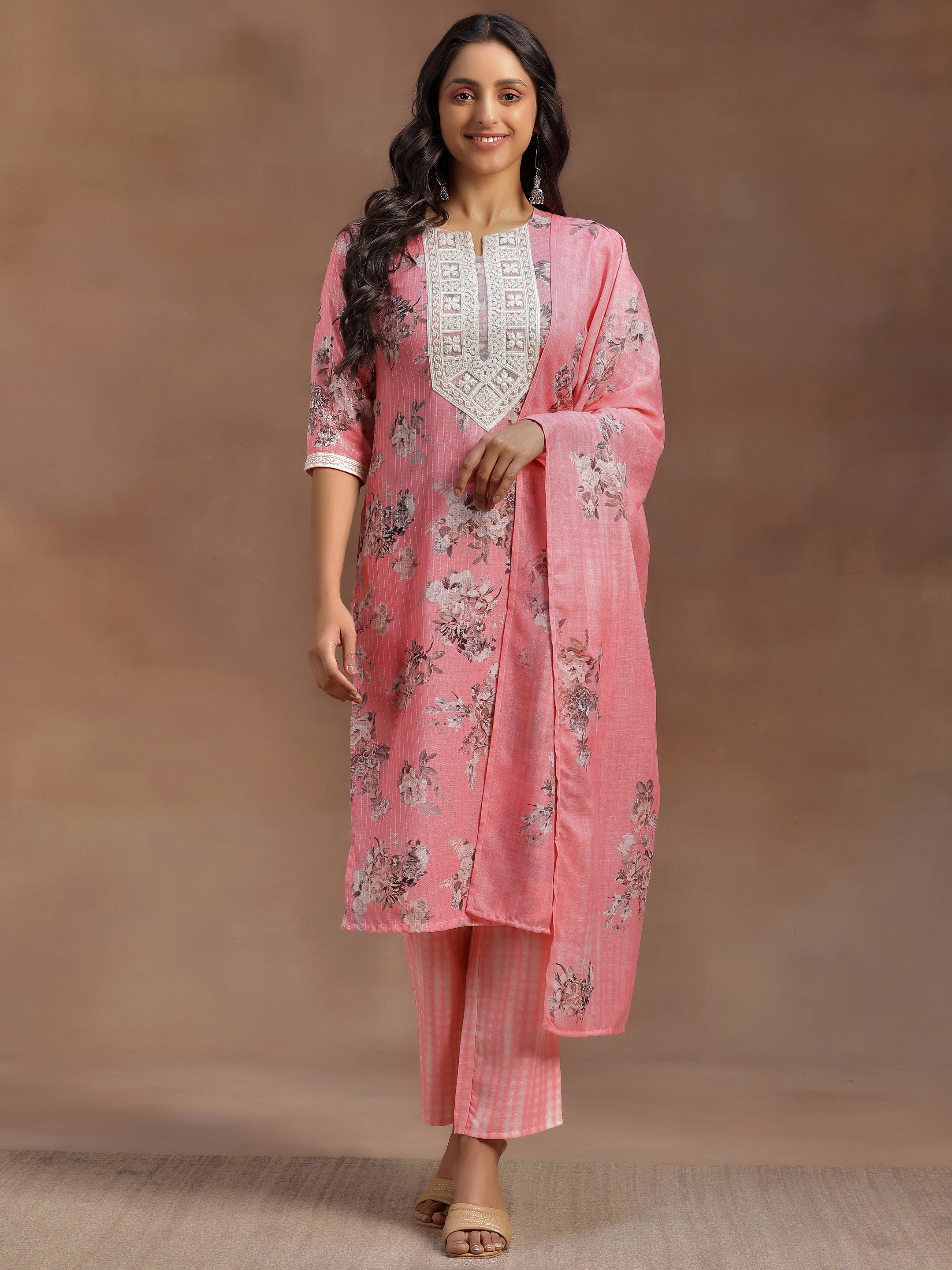 Pink Printed Cotton Straight Suit With Dupatta