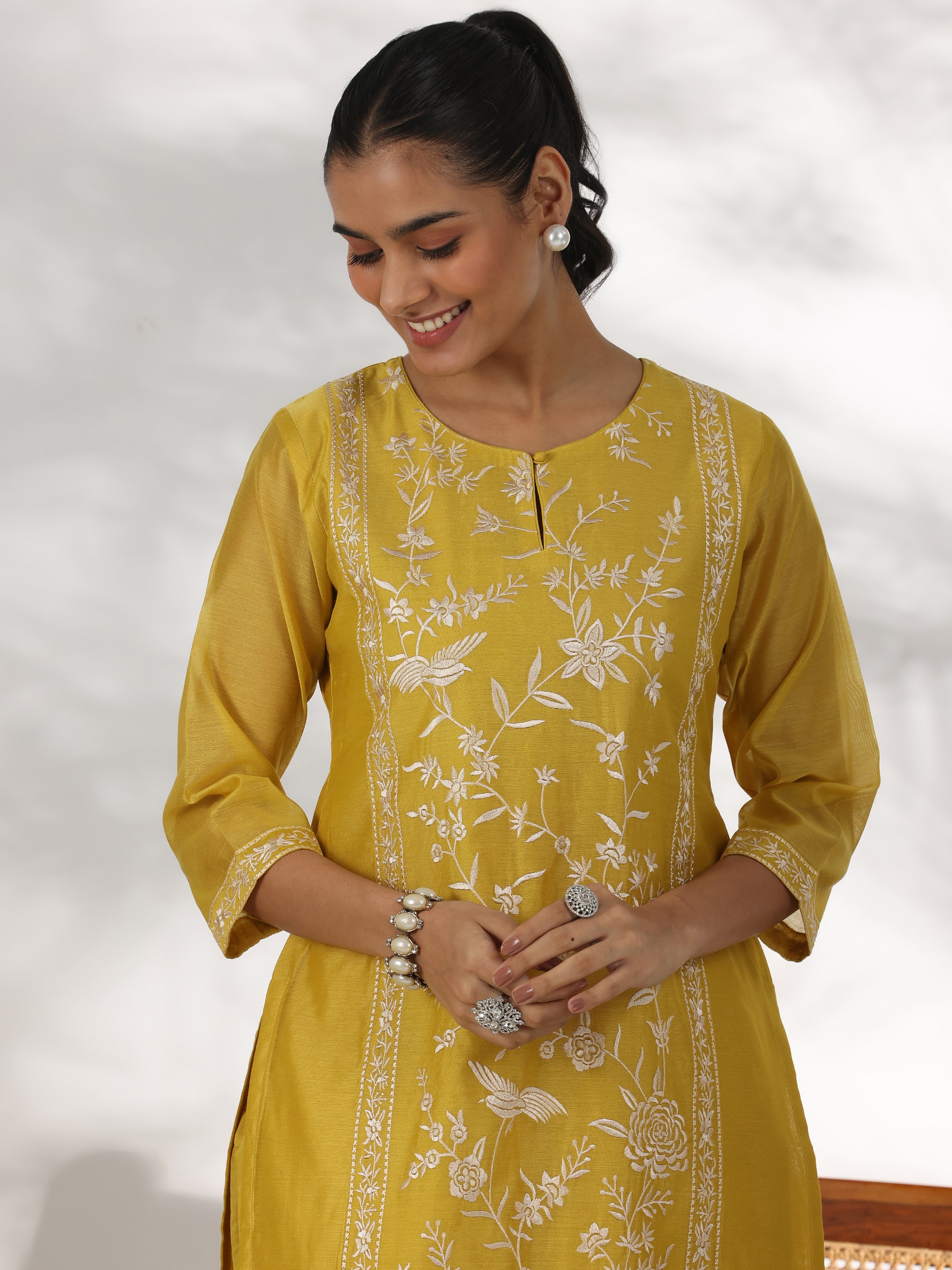 Mustard Embroidered Chanderi Silk Straight Suit With Dupatta