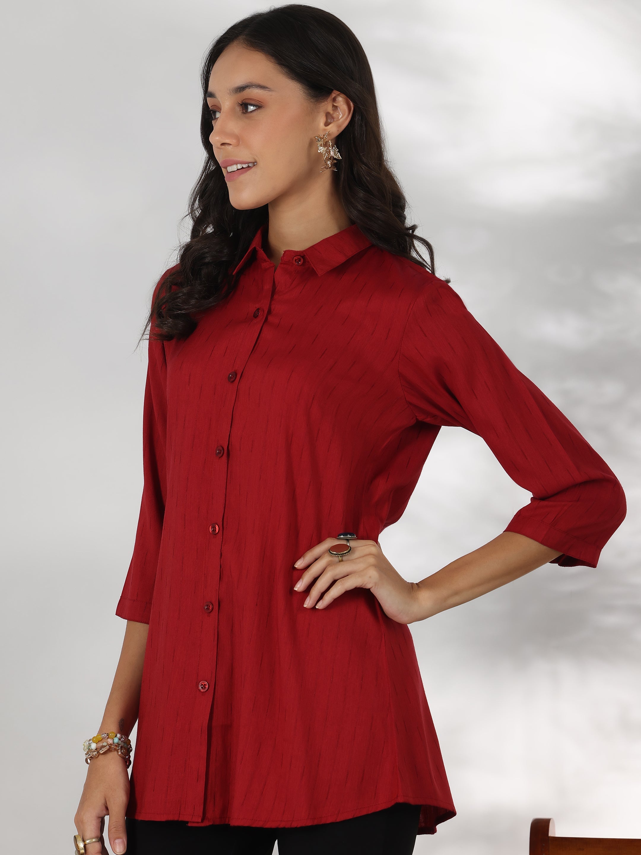 Red Self Design Rayon Straight Tunic