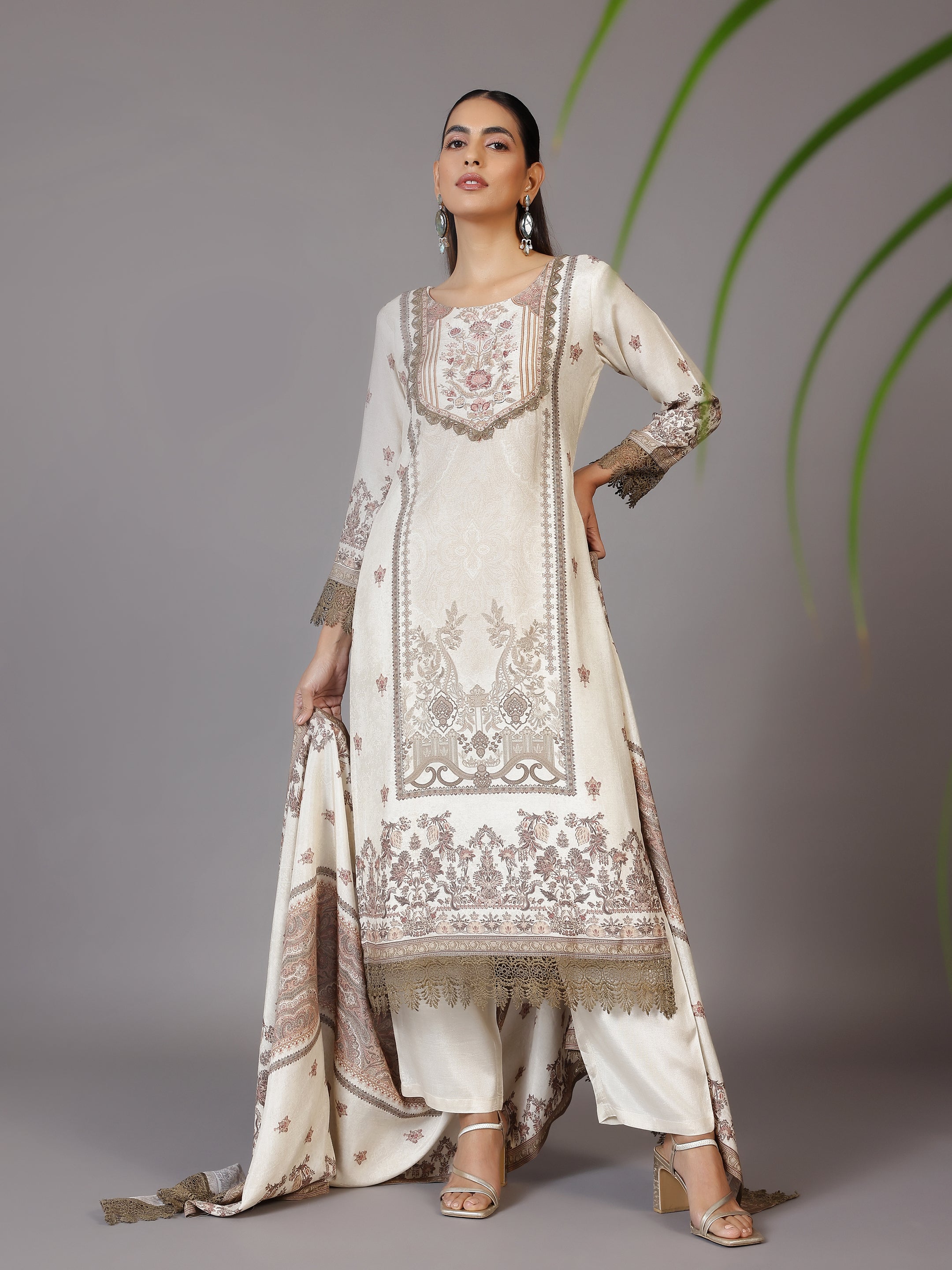 Beige Printed Silk Blend Straight Suit With Dupatta