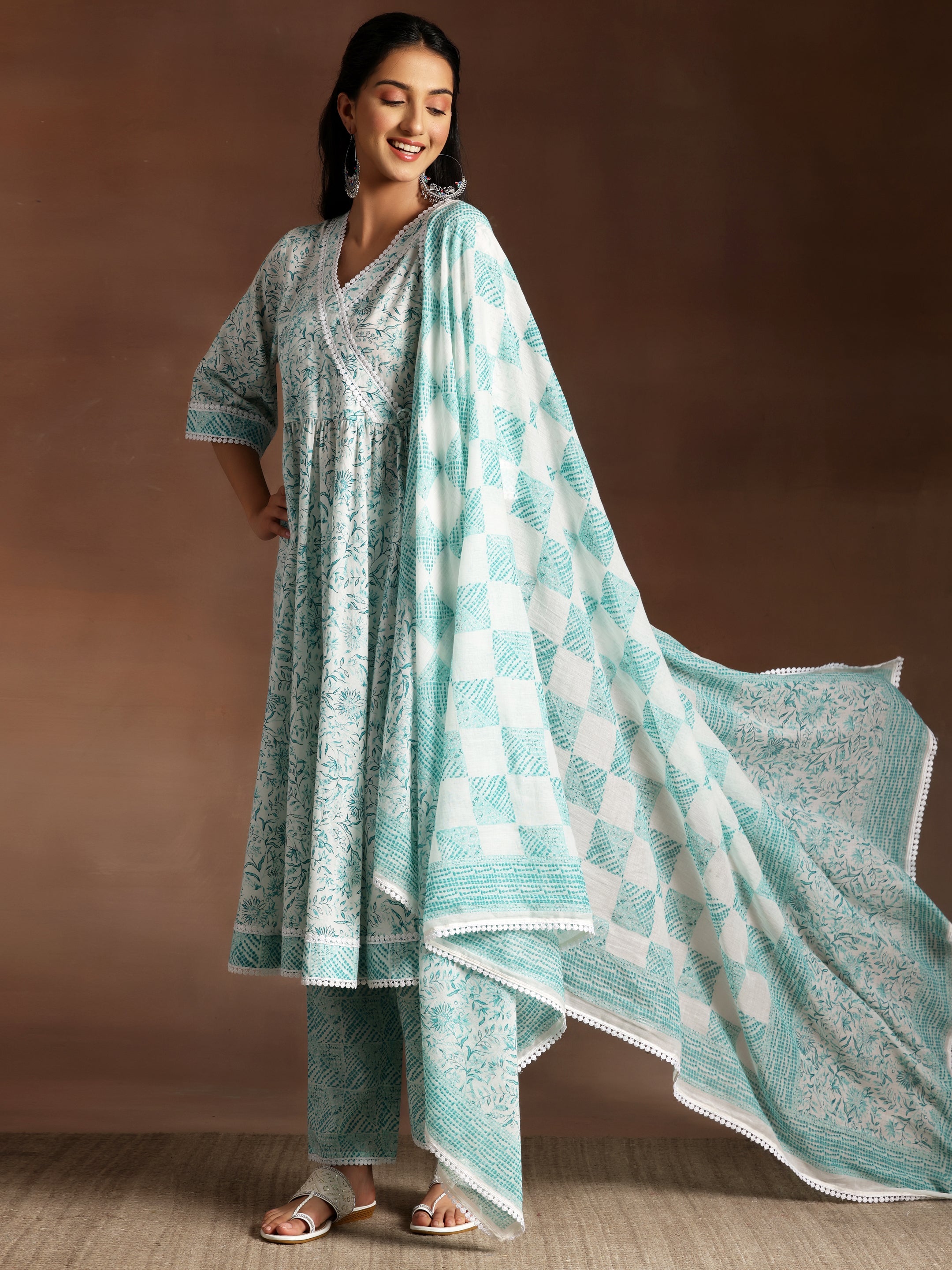 White Printed Cotton A-Line Kurta With Trousers & Dupatta