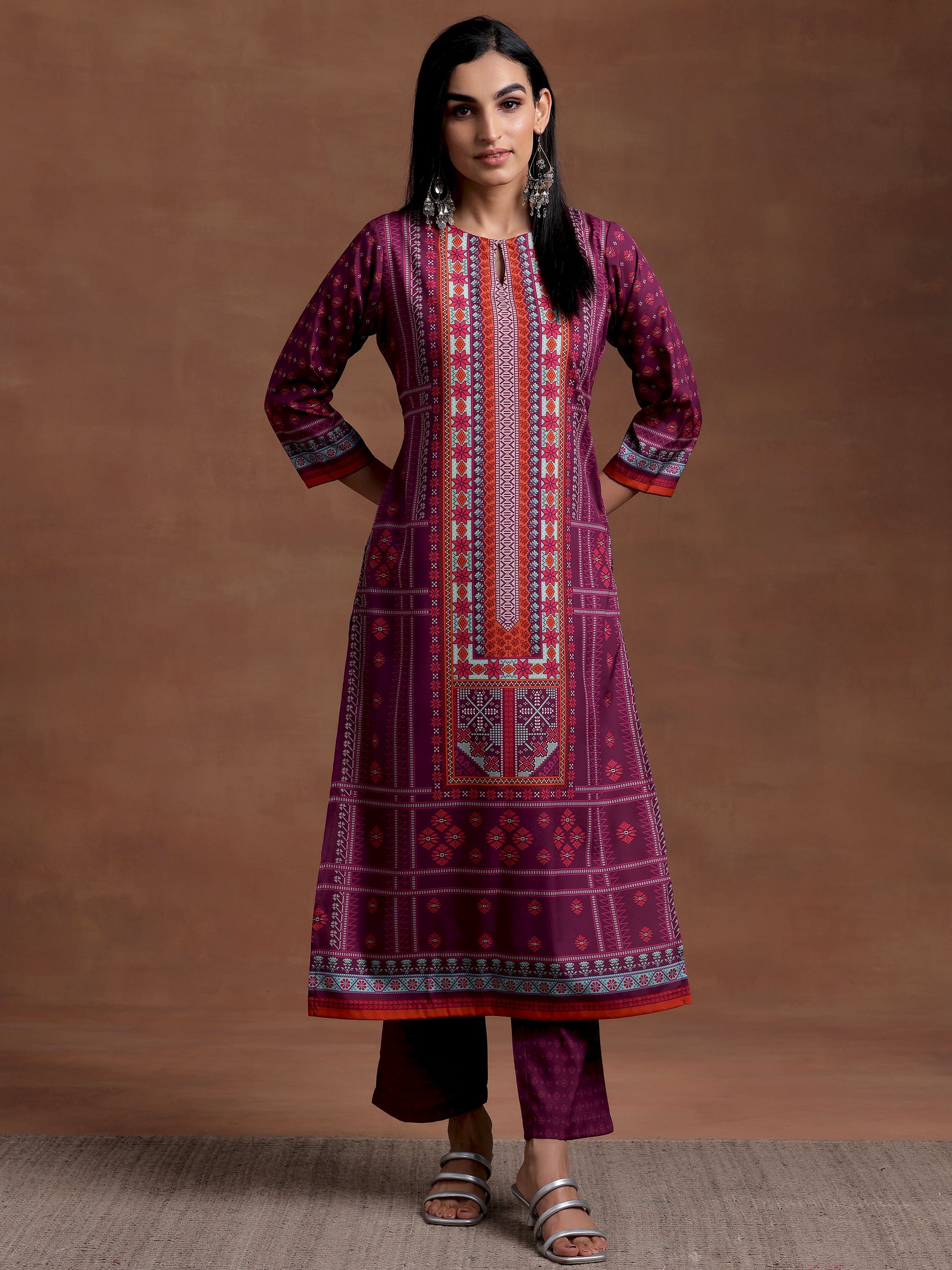 Wine Printed Poly Crepe Straight Kurta Set