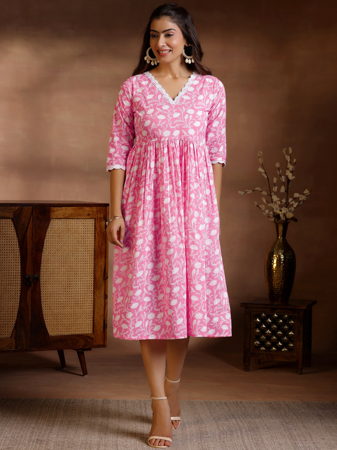 Pink Printed Cotton Fit and Flare Dress