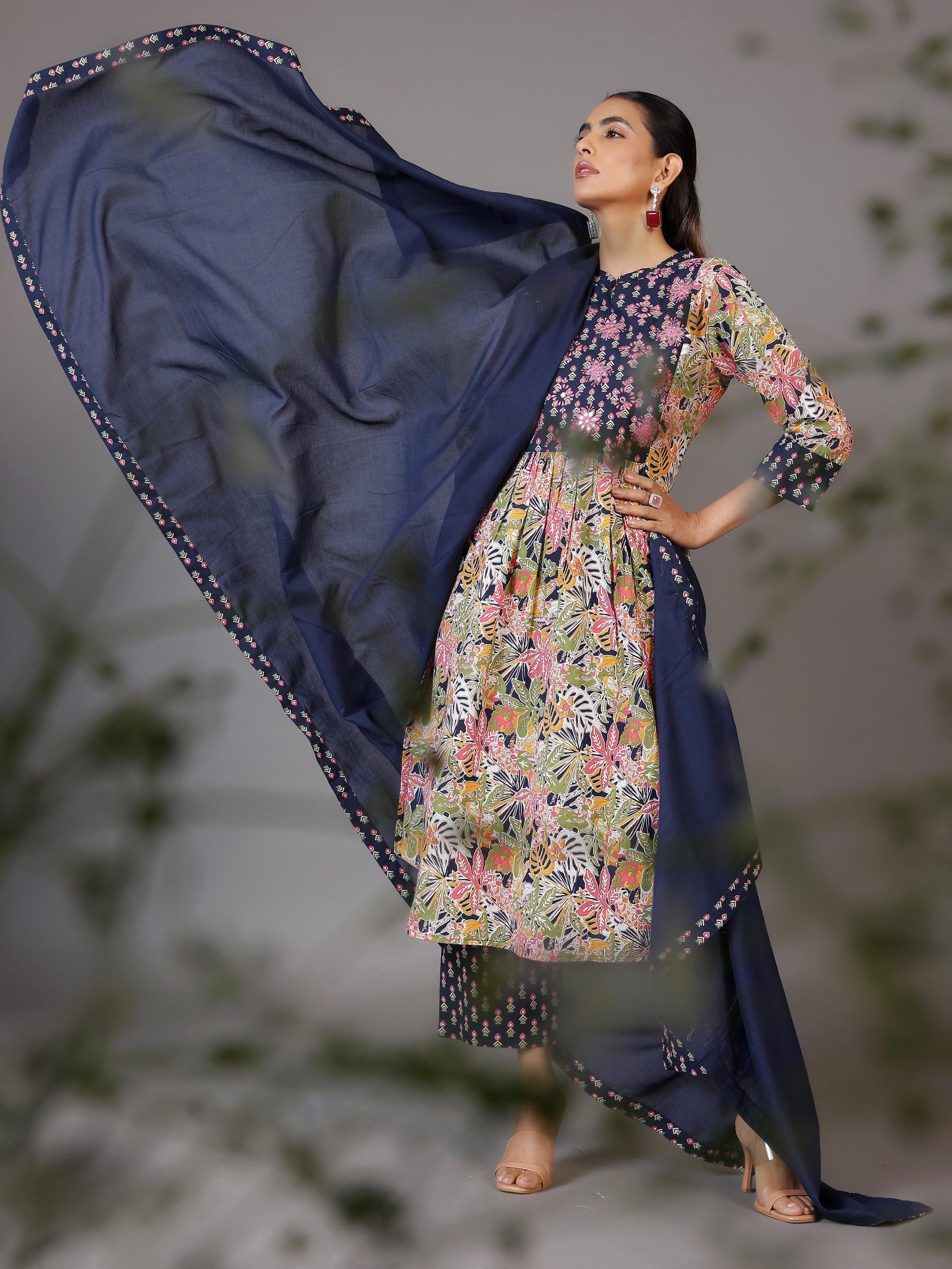 Blue Printed Cotton Straight Suit With Dupatta