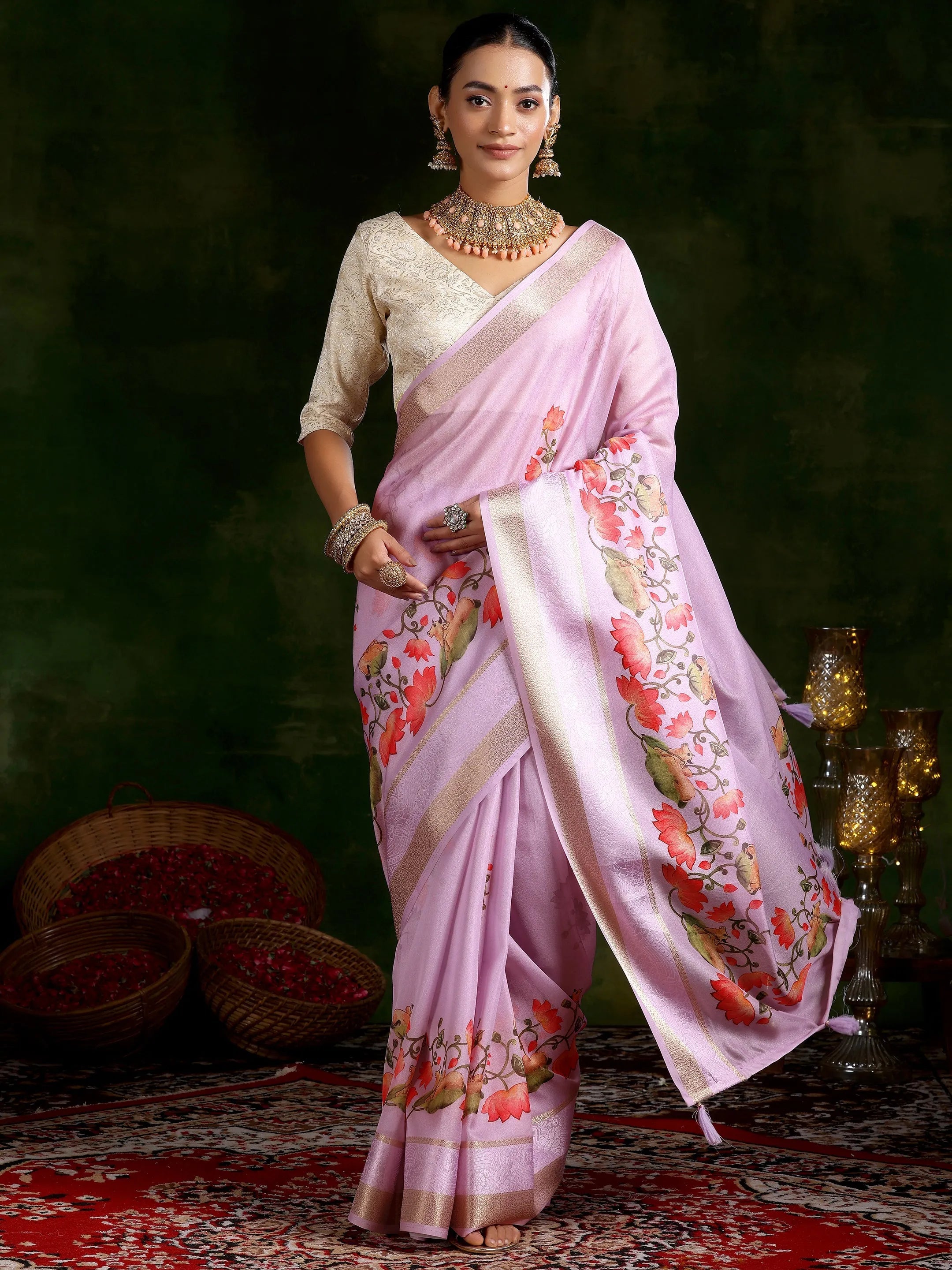 Lavender Printed Silk Blend Saree With Unstitched Blouse Piece