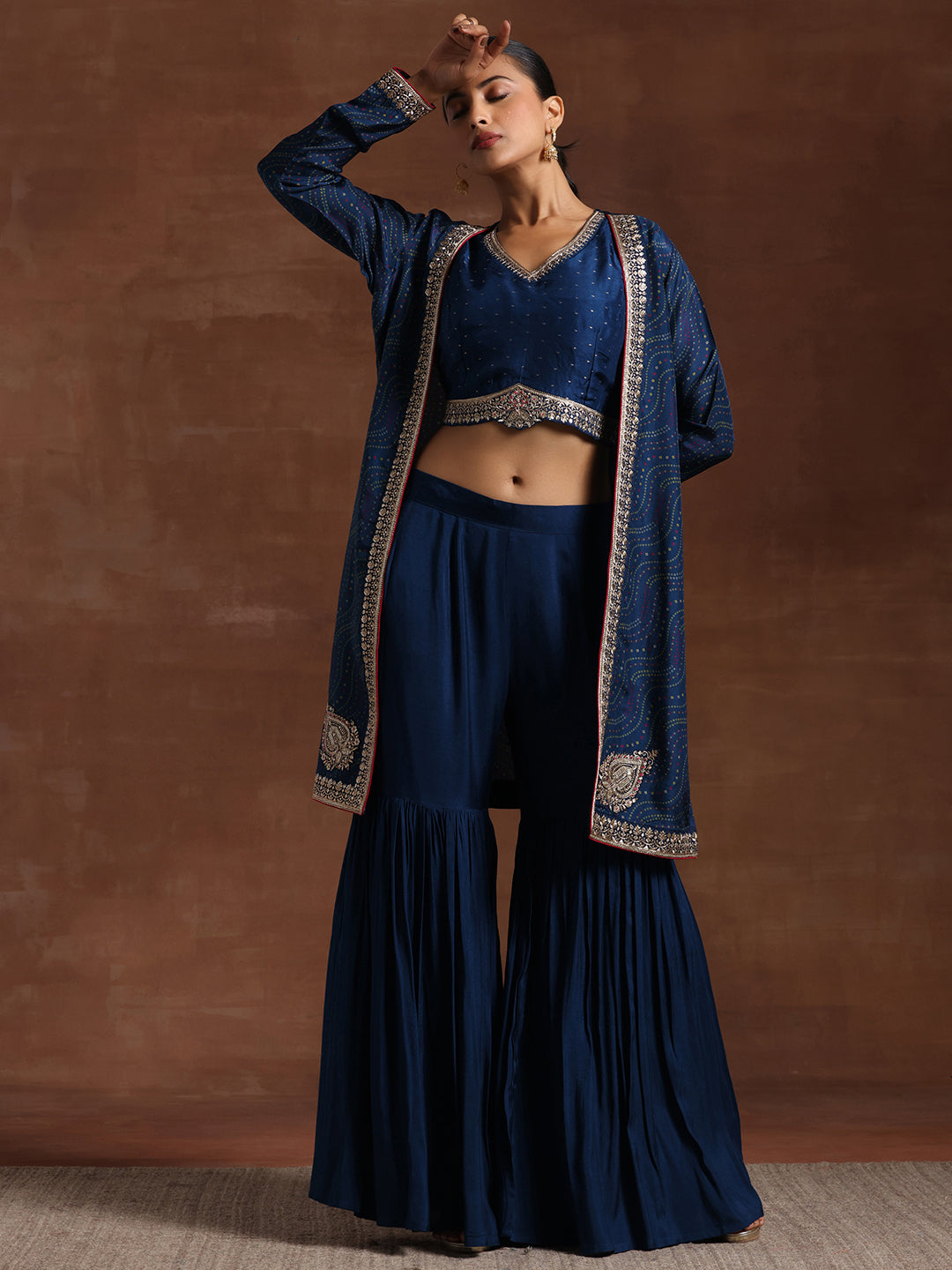 Blue Embroidered Silk Blend 3 Piece Co-Ords