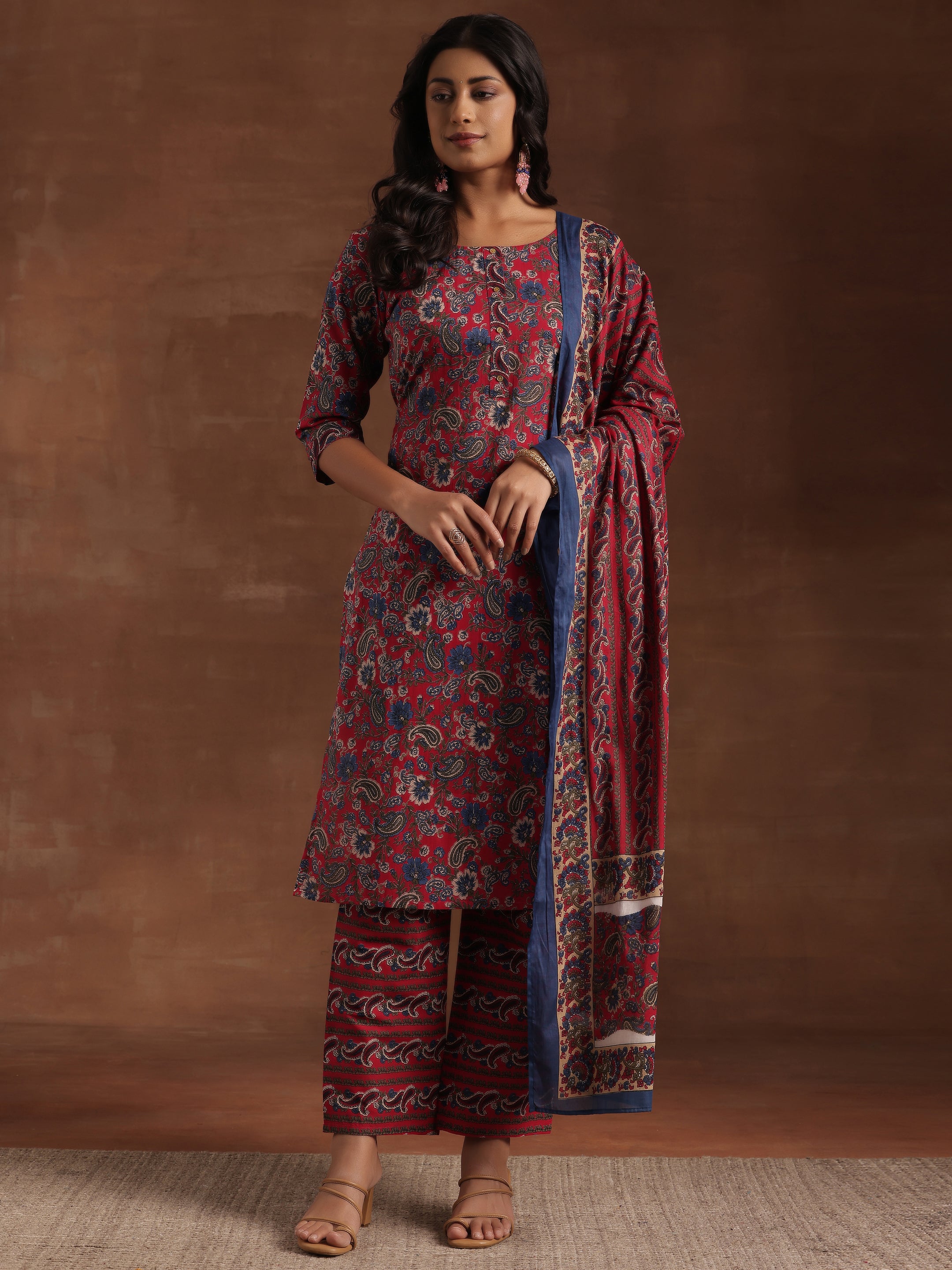 Red Printed Cotton Straight Suit With Dupatta