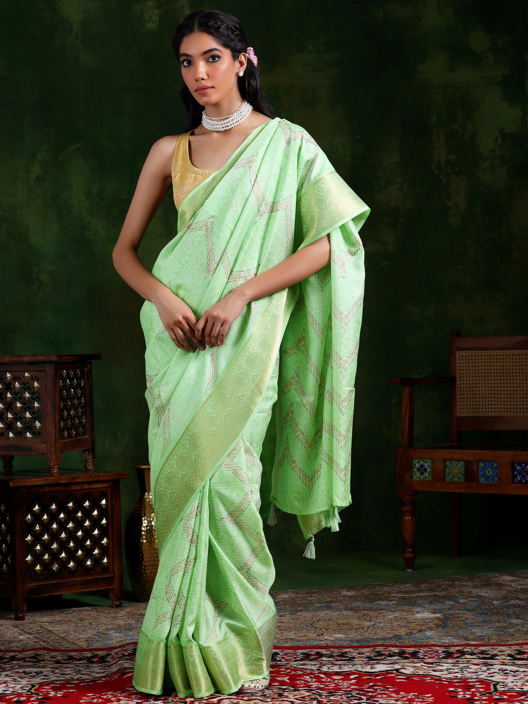 Pista Green Printed Silk Blend Saree With Unstitched Blouse Piece - Libas