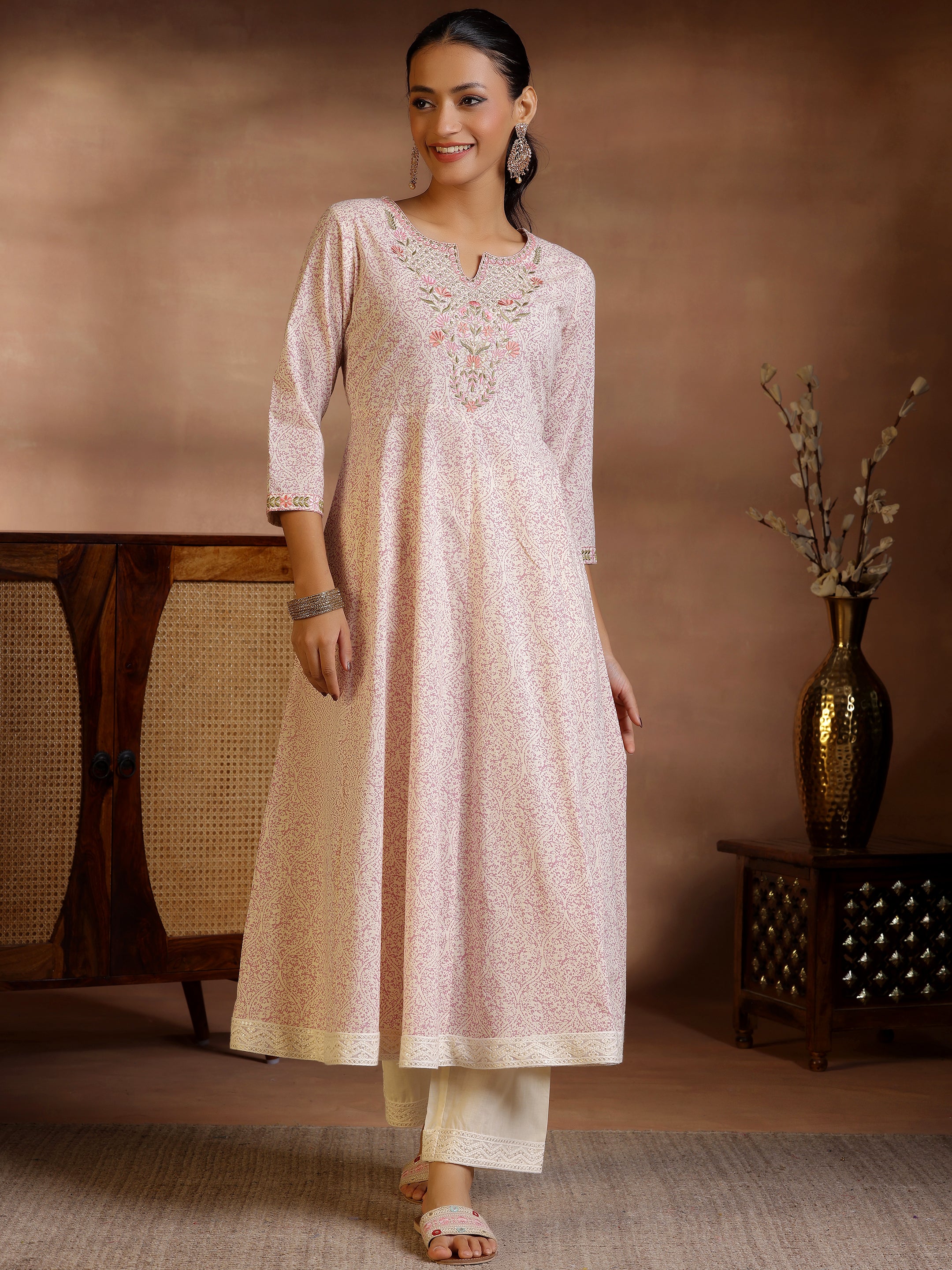 Libas Mauve Printed Cotton Anarkali Kurta with Trousers Xs