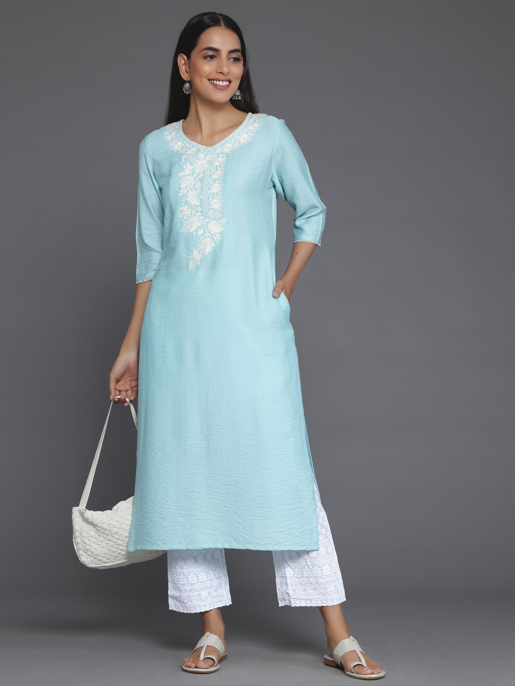 Blue Yoke Design Silk Straight Kurta