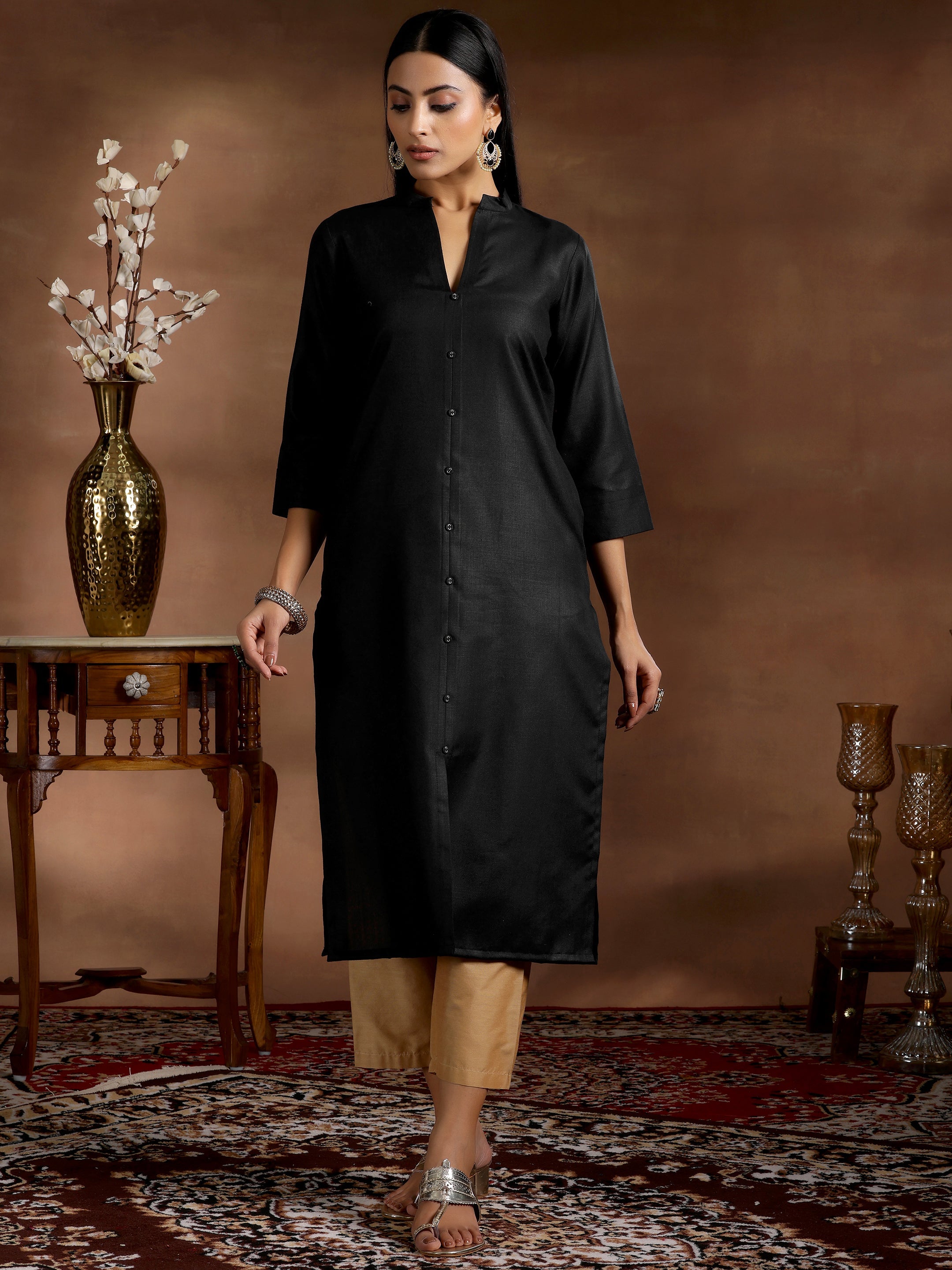 Black Solid Silk Straight Kurta