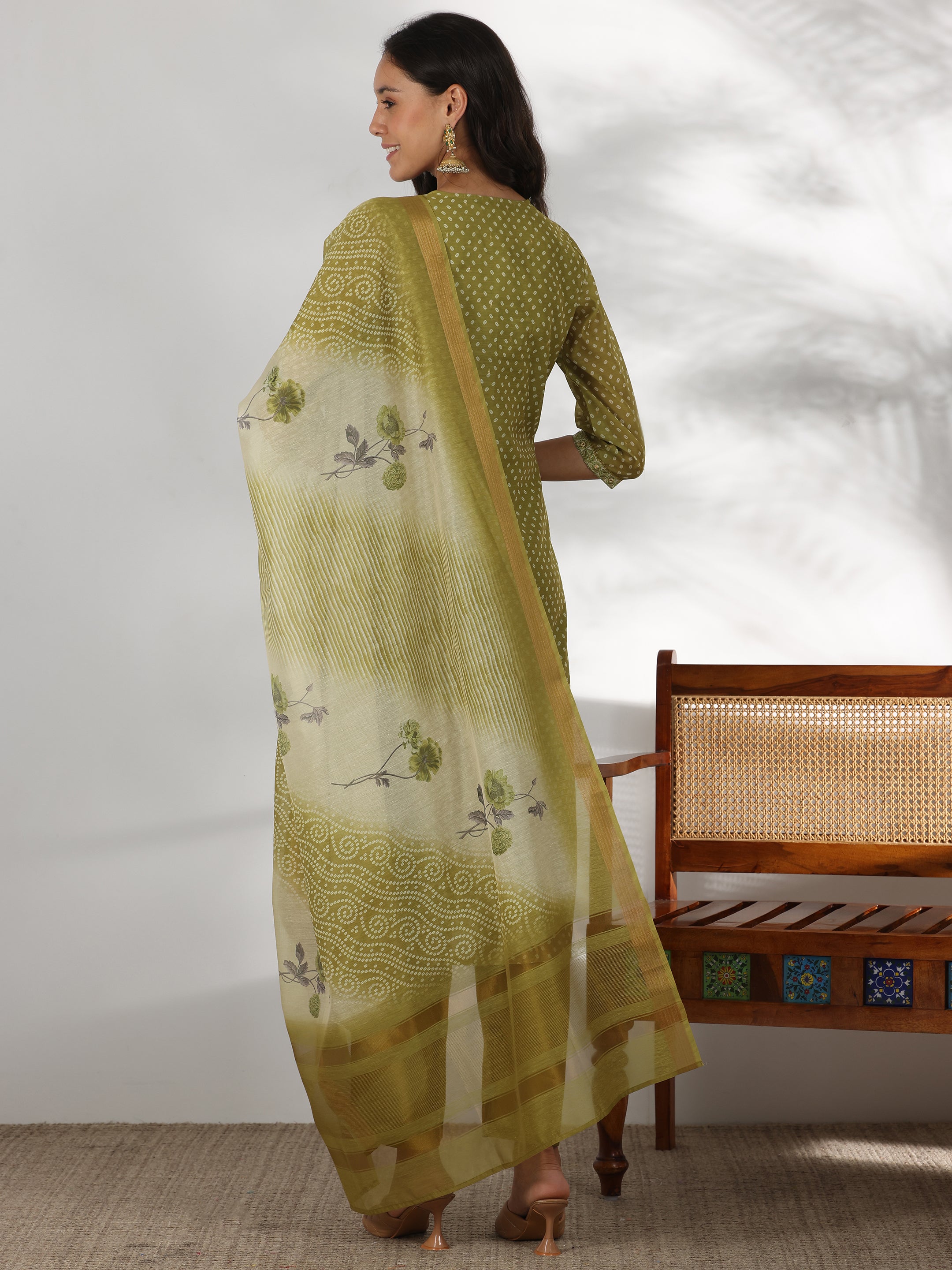 Green Printed Silk Blend Straight Suit With Dupatta