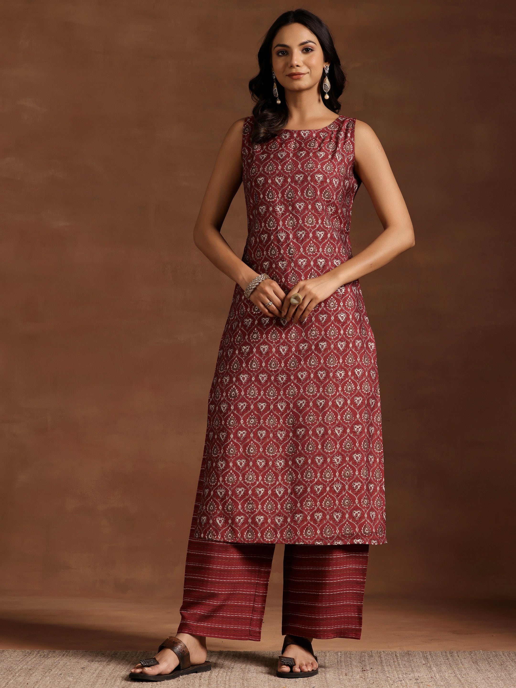 Wine Printed Silk Blend Straight Kurta Set