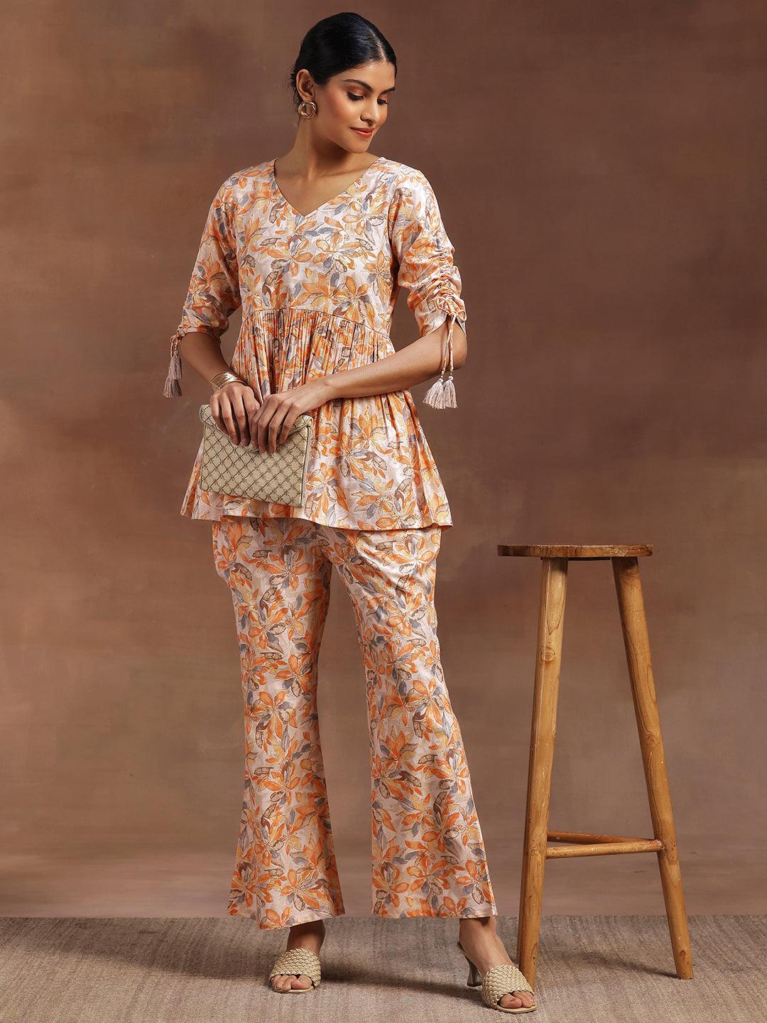 Orange Printed Cotton Blend Co-Ords