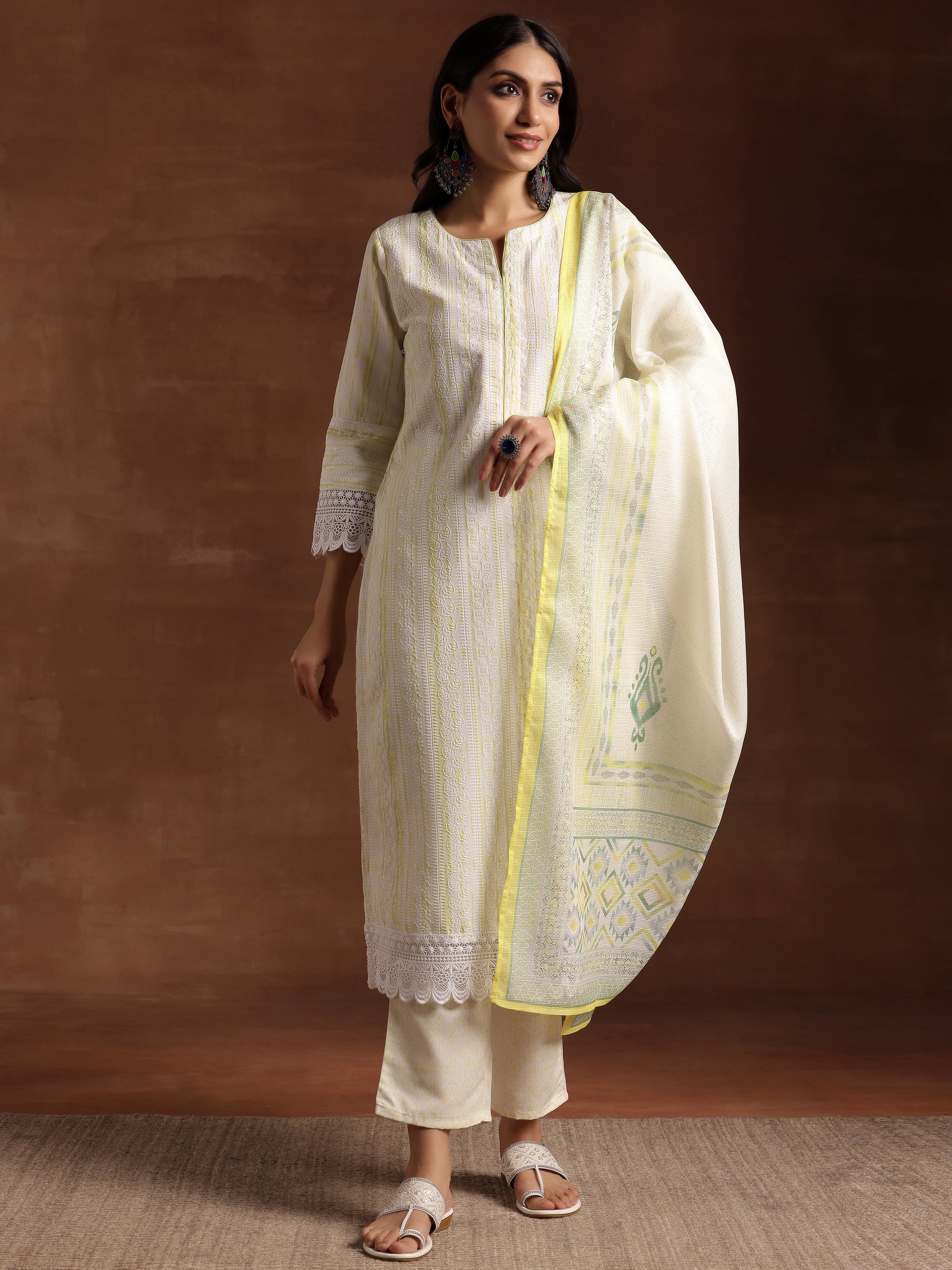 Off White Embroidered Cotton Blend Straight Suit With Dupatta