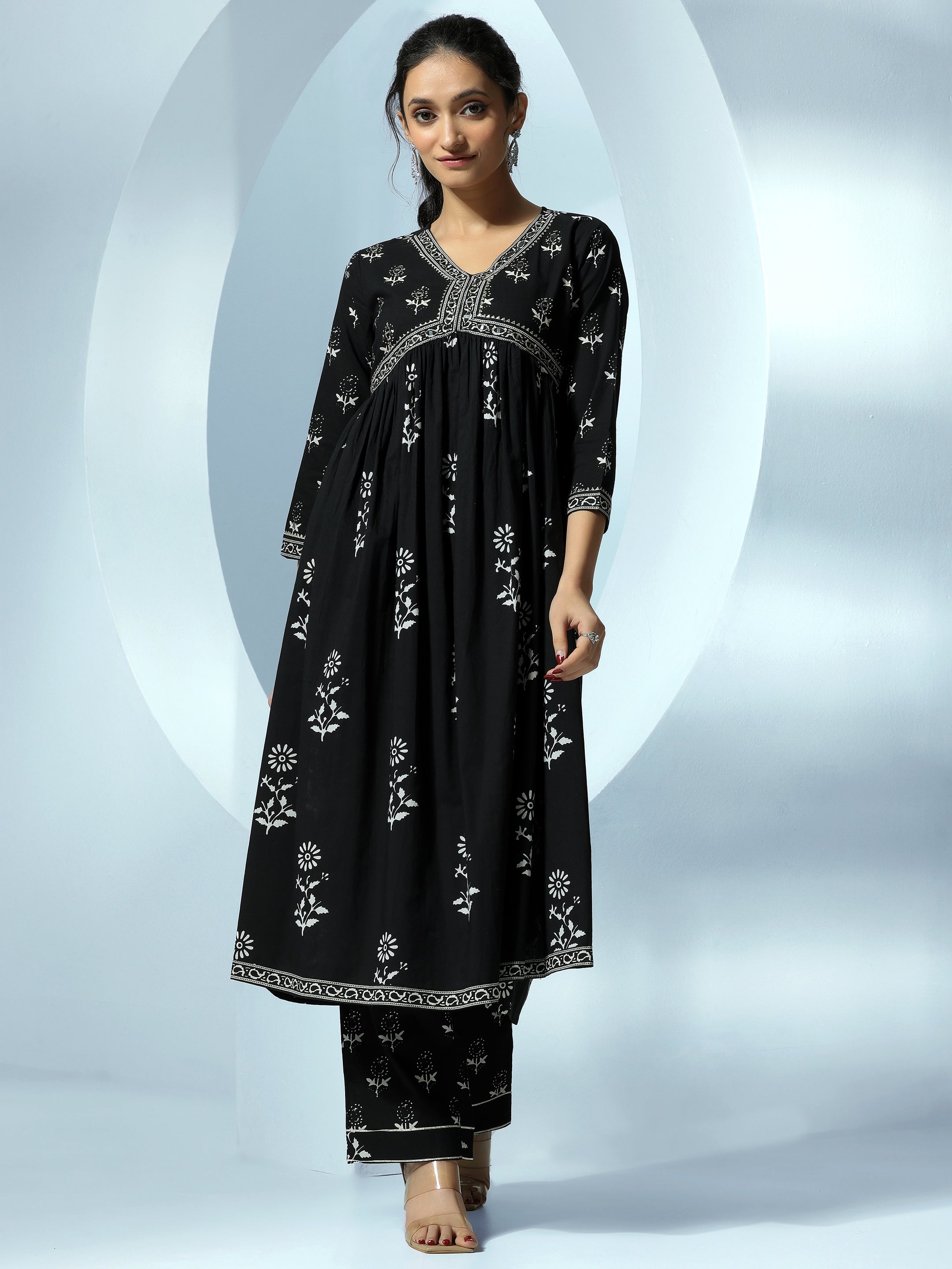 Black Printed Cotton A-Line Kurta With Salwar