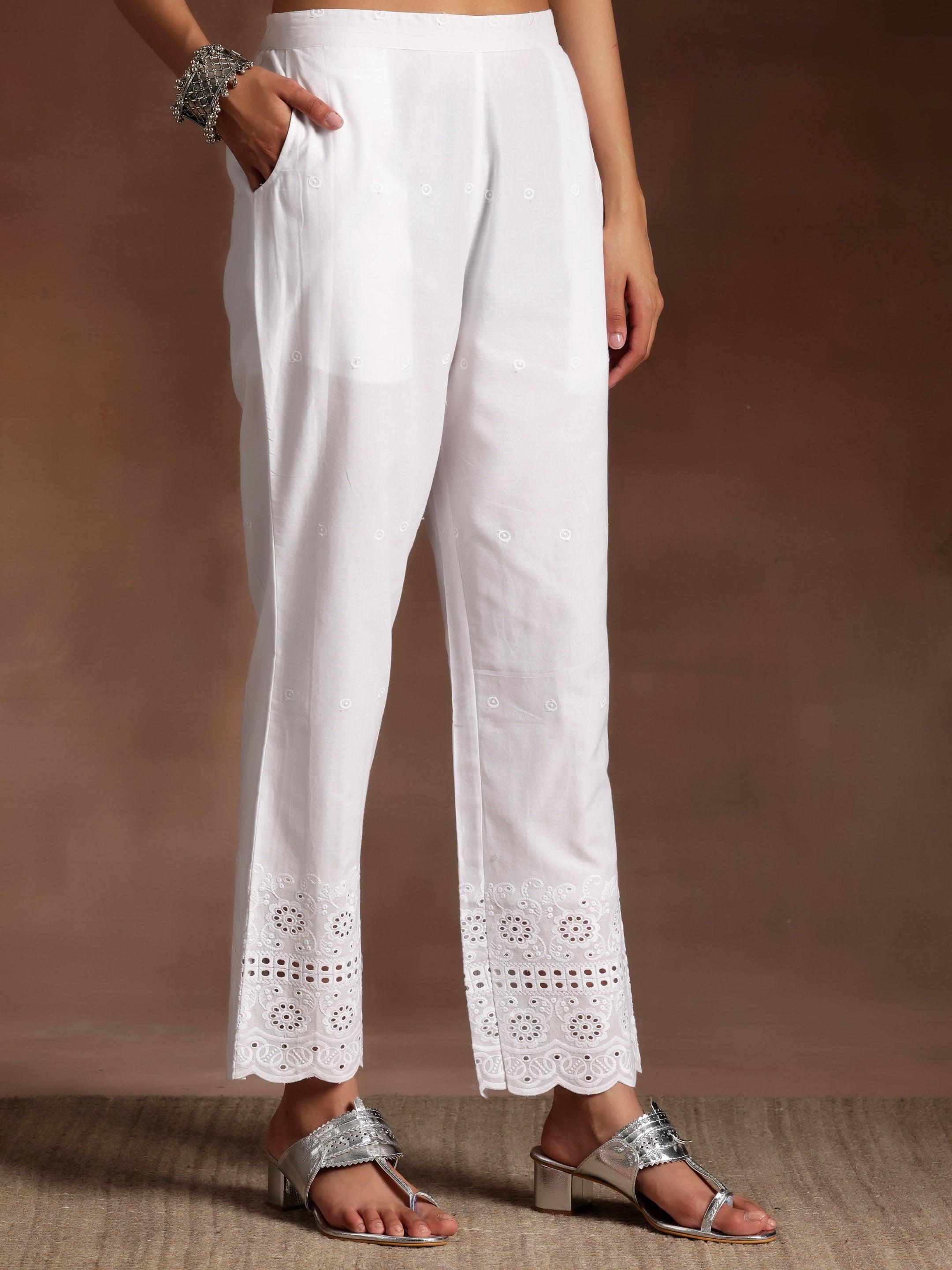 The Kiara Cut Suramya White Self Design Cotton A-Line Kurta With Trousers