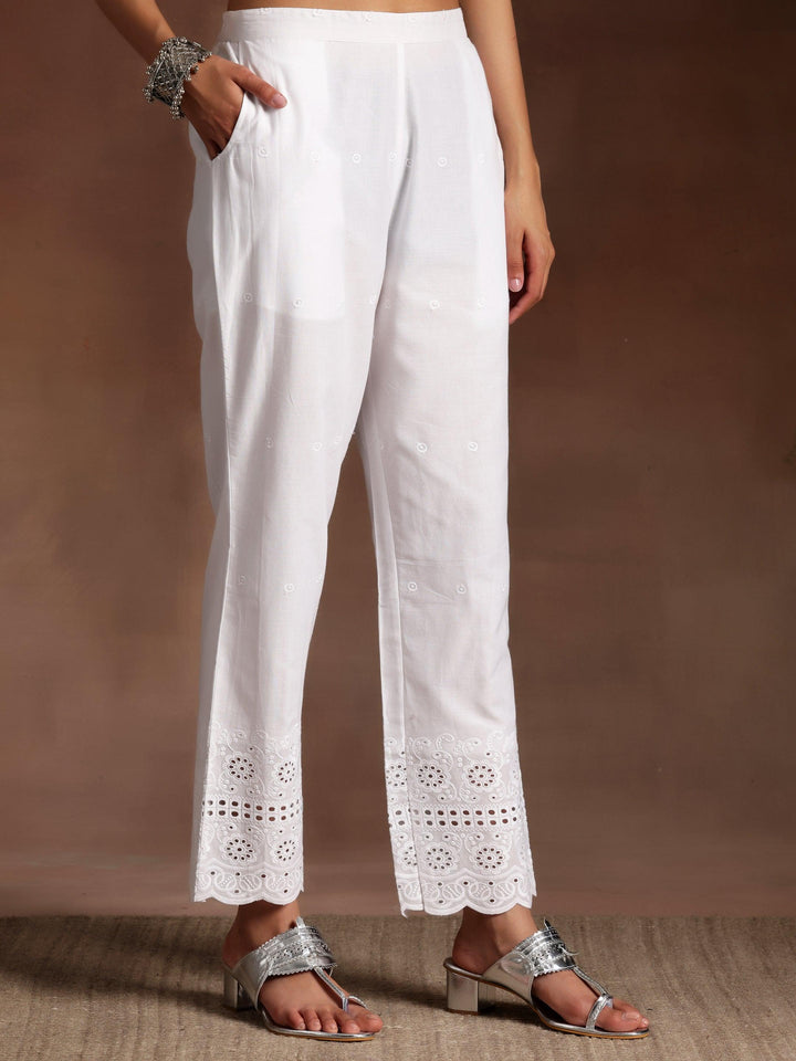 The Kiara Cut Suramya White Self Design Cotton A-Line Kurta With Trousers - ShopLibas