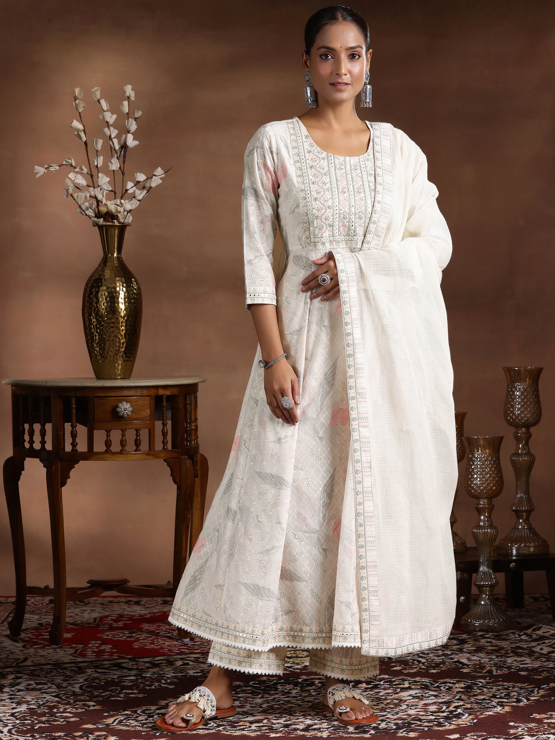 Off White Embroidered Cotton A-line Kurta  With Trousers & Dupatta