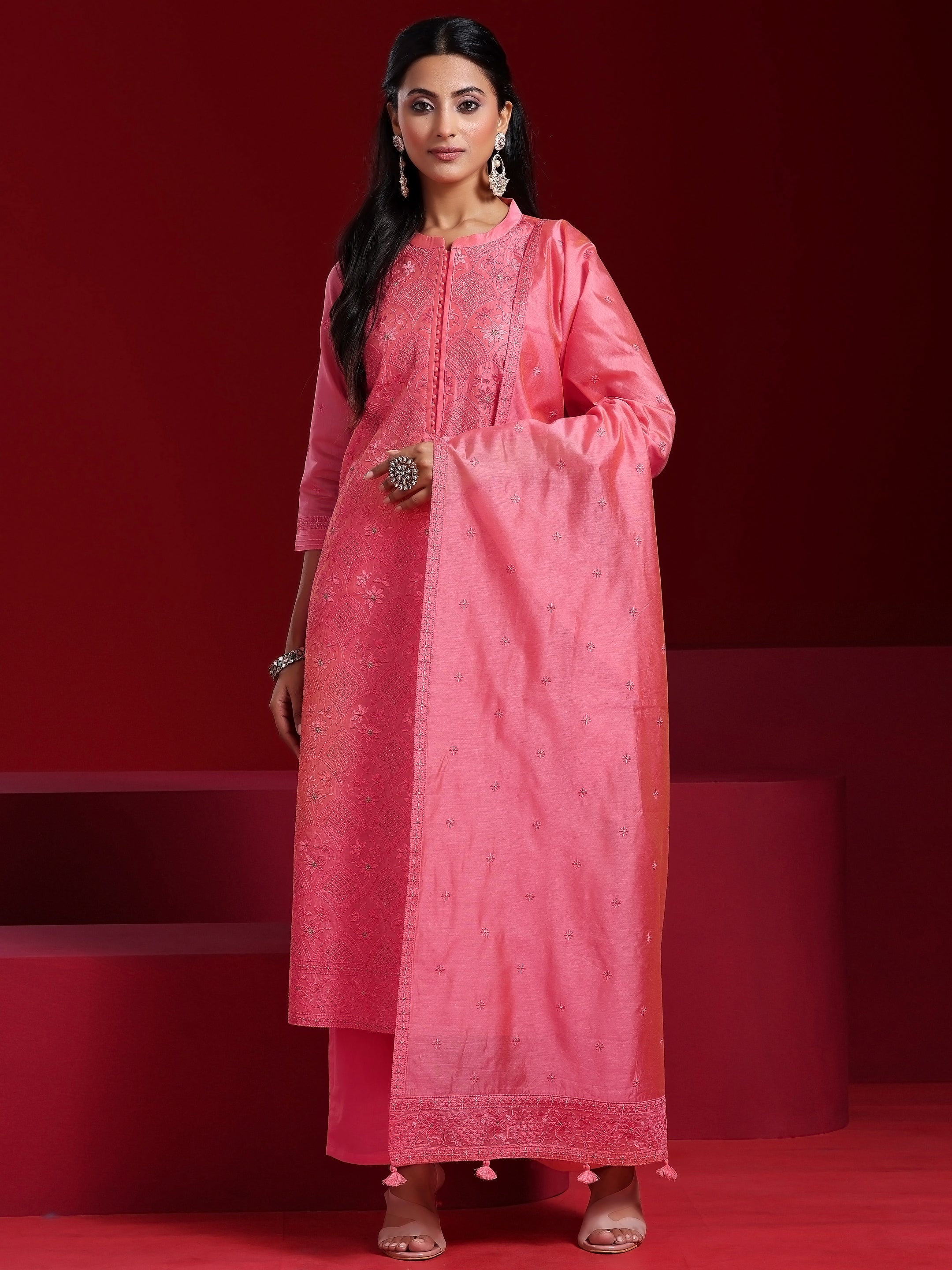 Libas Art Coral Embroidered Chanderi Silk Straight Suit With Dupatta