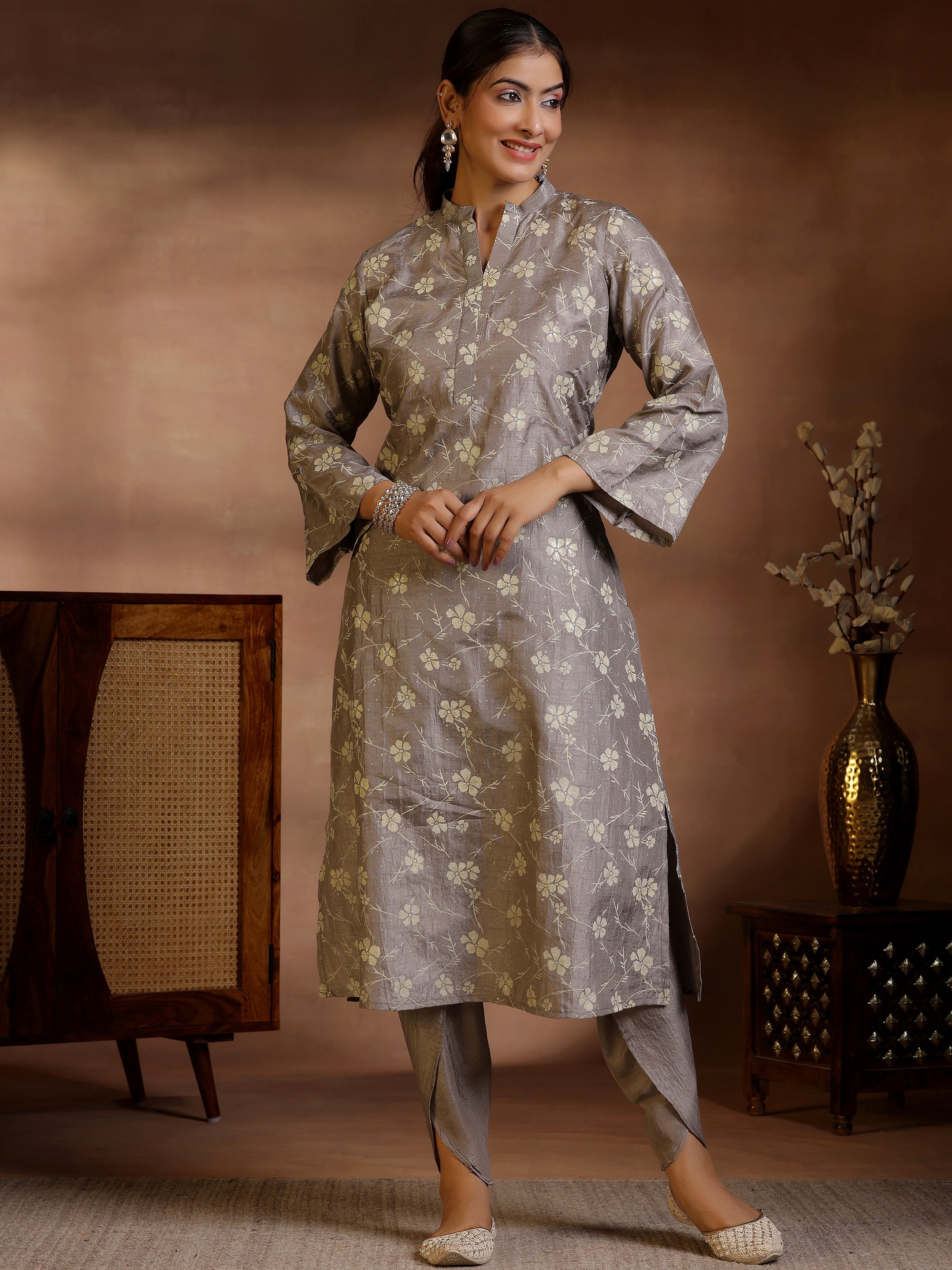 Grey Printed Silk Blend Straight Kurta Set