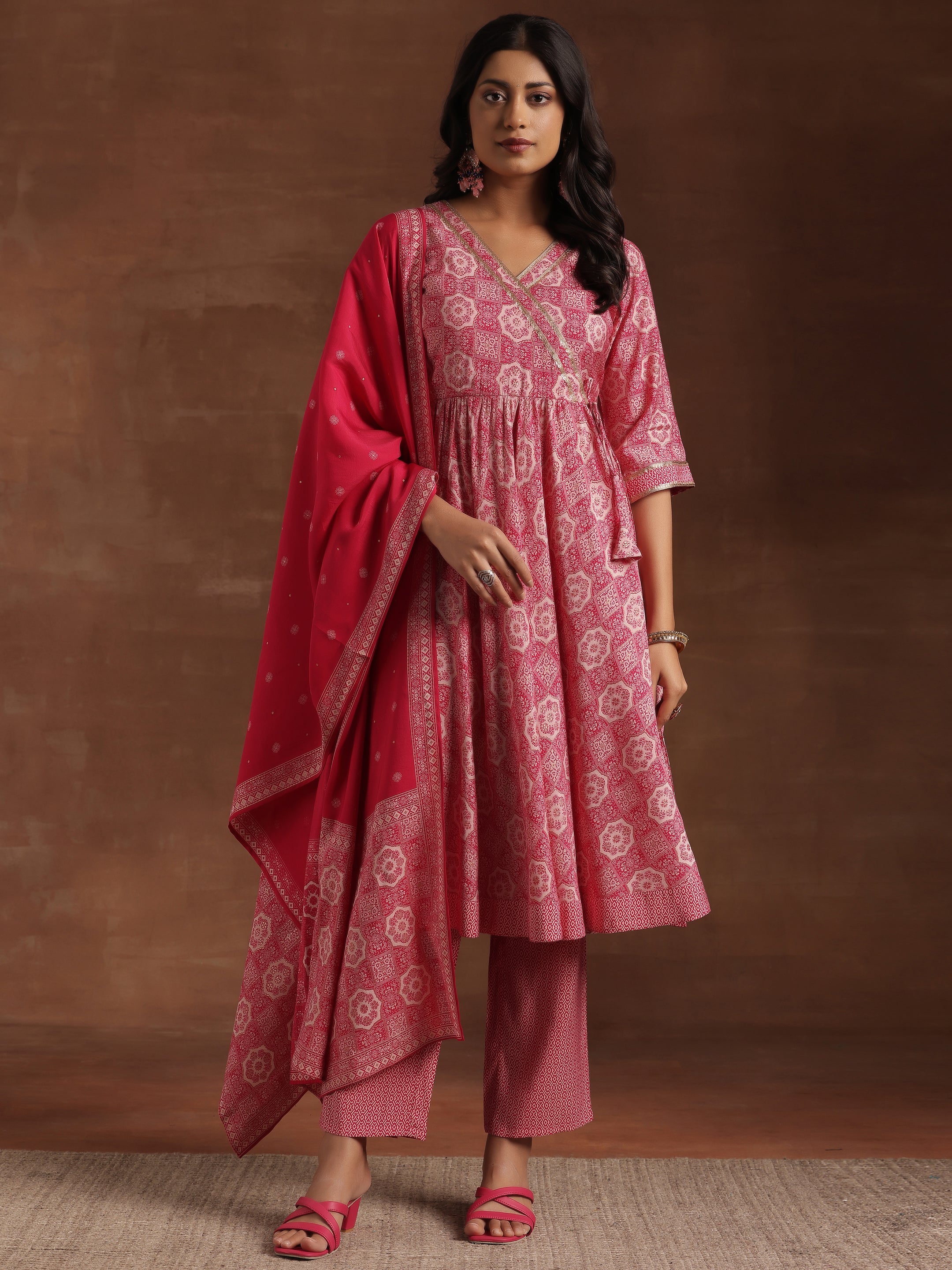 Pink Printed Silk Blend Anarkali Suit With Dupatta