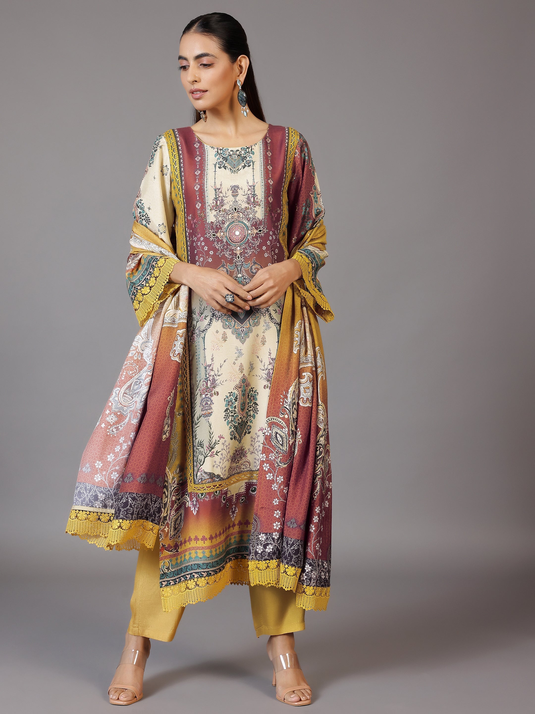 Mustard Printed Silk Blend Straight Suit With Dupatta