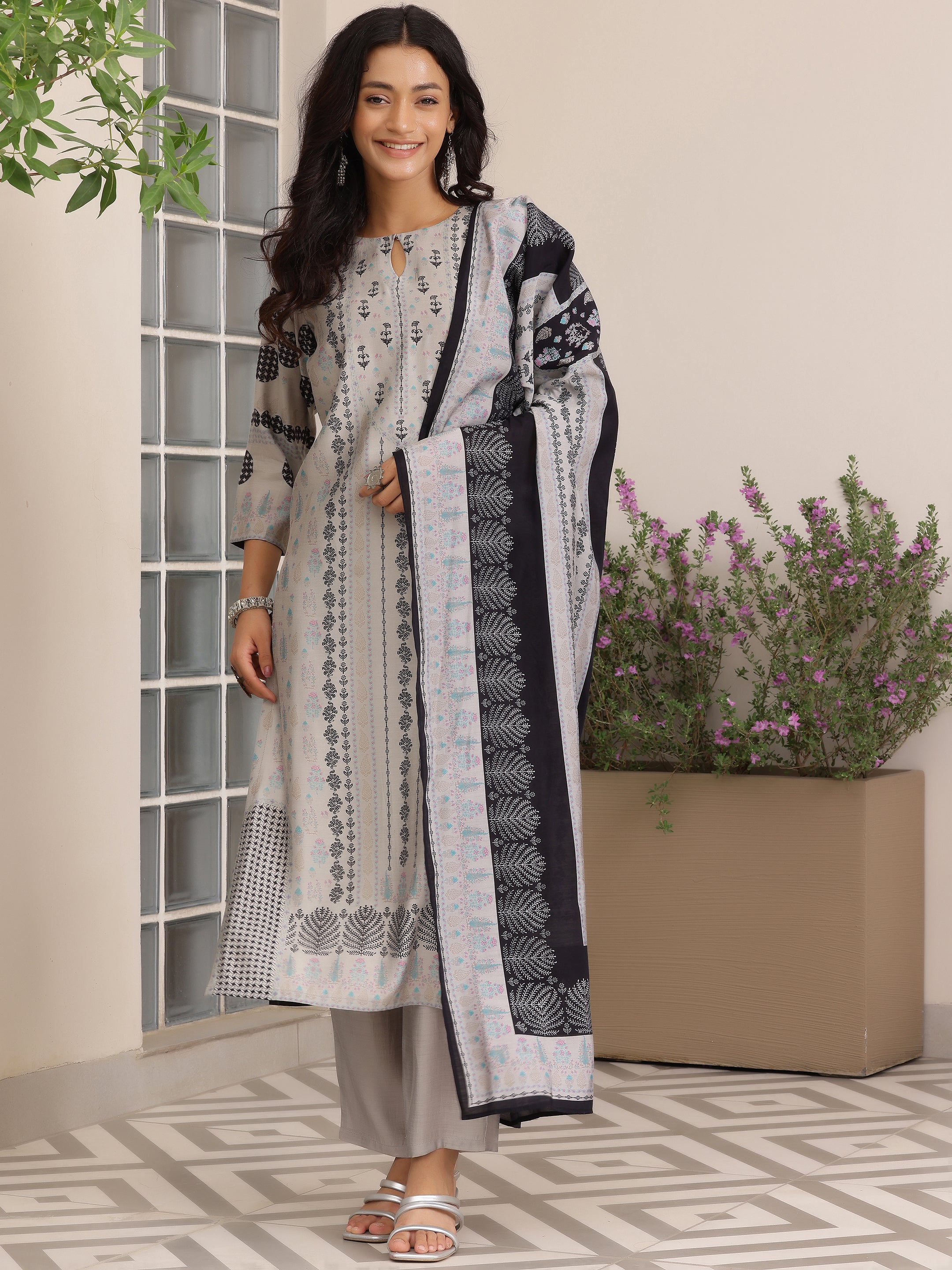 Grey Printed Silk Blend Straight Suit With Dupatta