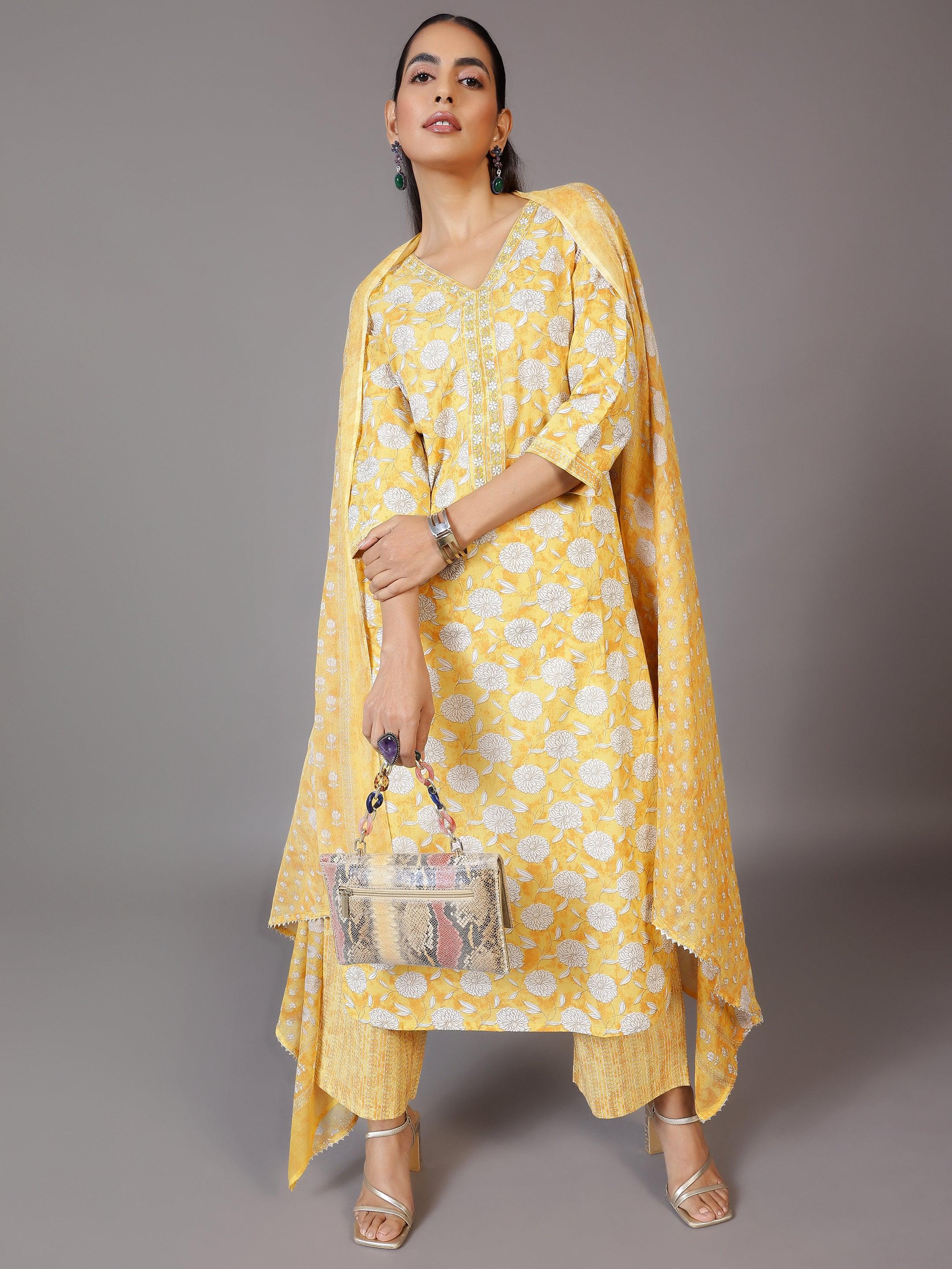 Yellow Printed Cotton Straight Suit With Dupatta