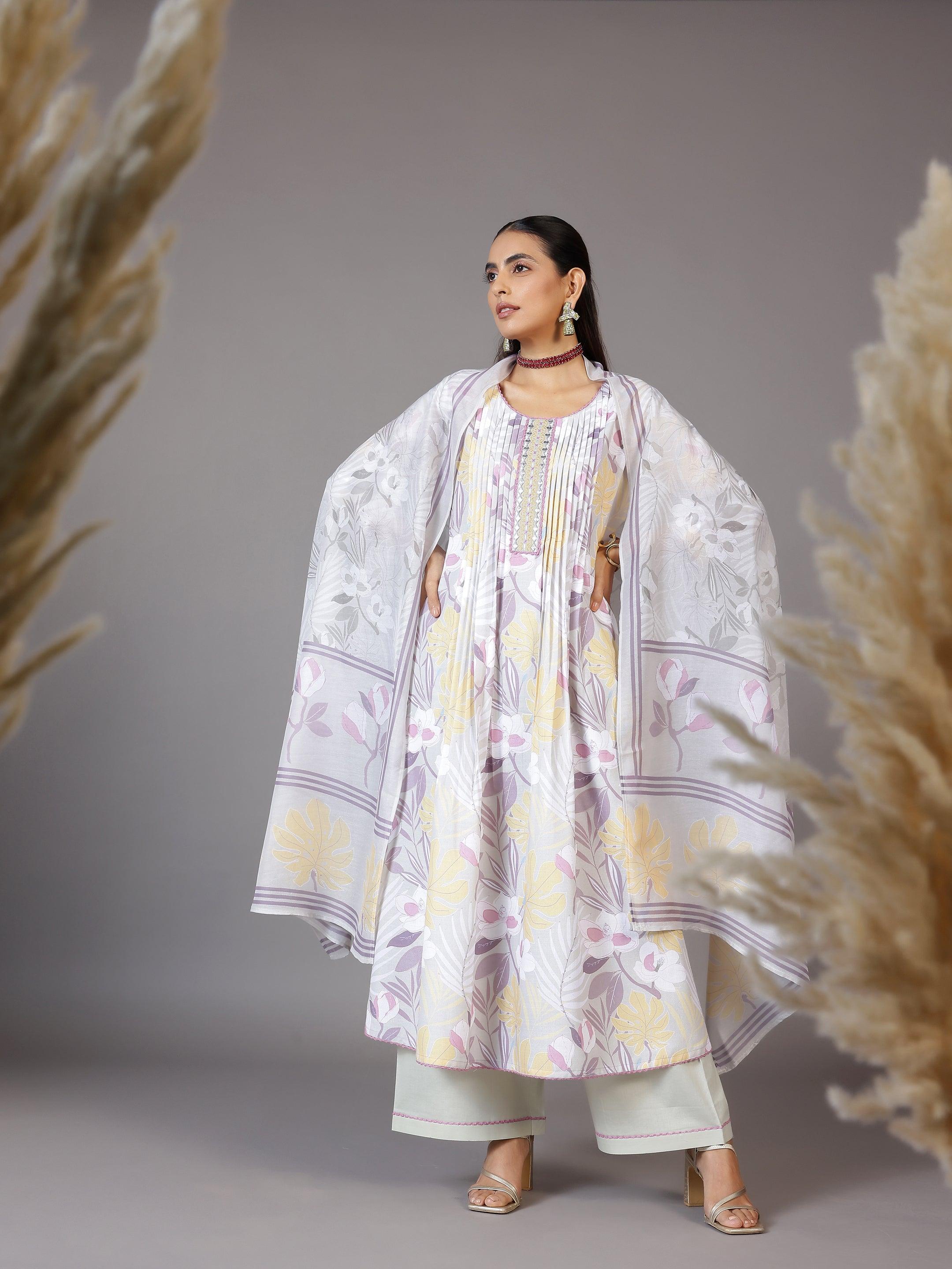 Grey Printed Cotton Blend A-Line Kurta With Palazzos & Dupatta