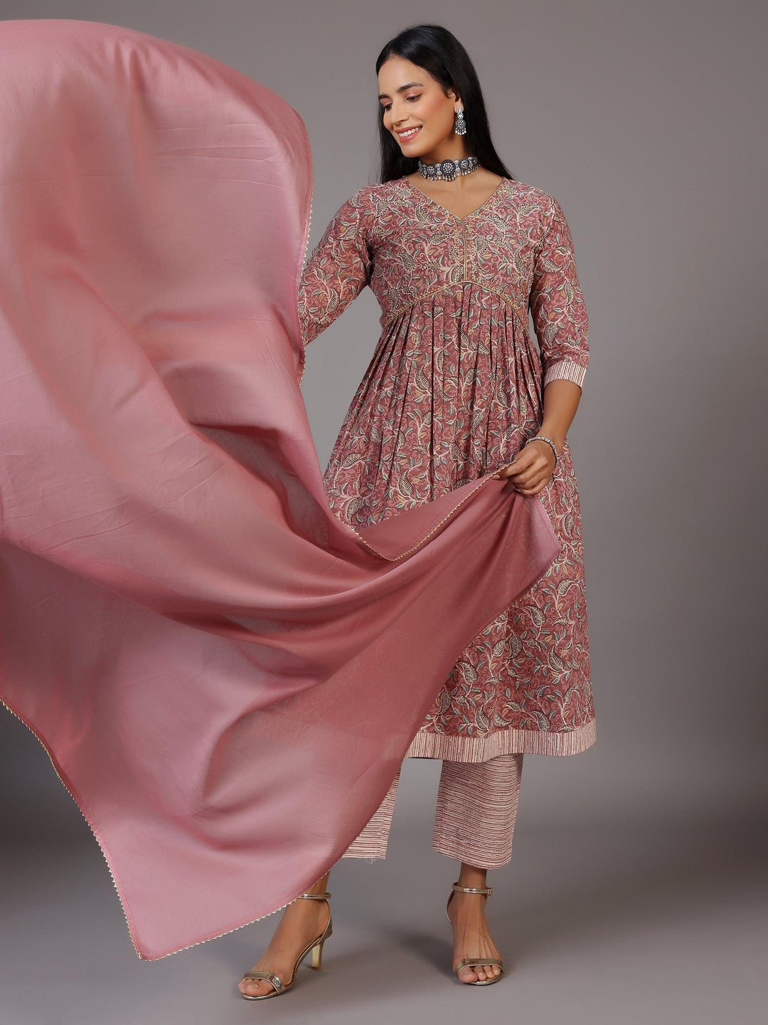 Pink Printed Cotton Anarkali Suit With Dupatta