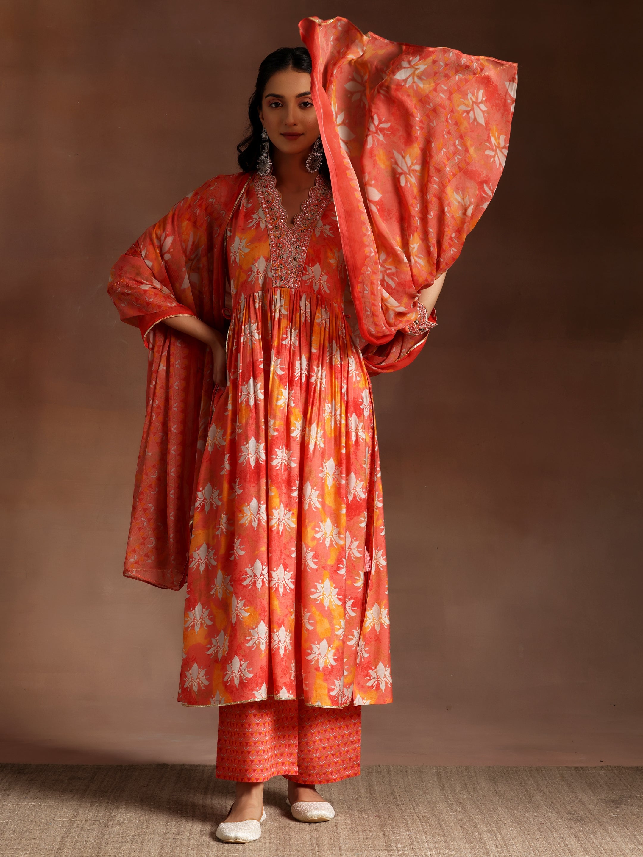 Saanjh Orange Printed Silk Blend A-Line Kurta With Palazzos & Dupatta