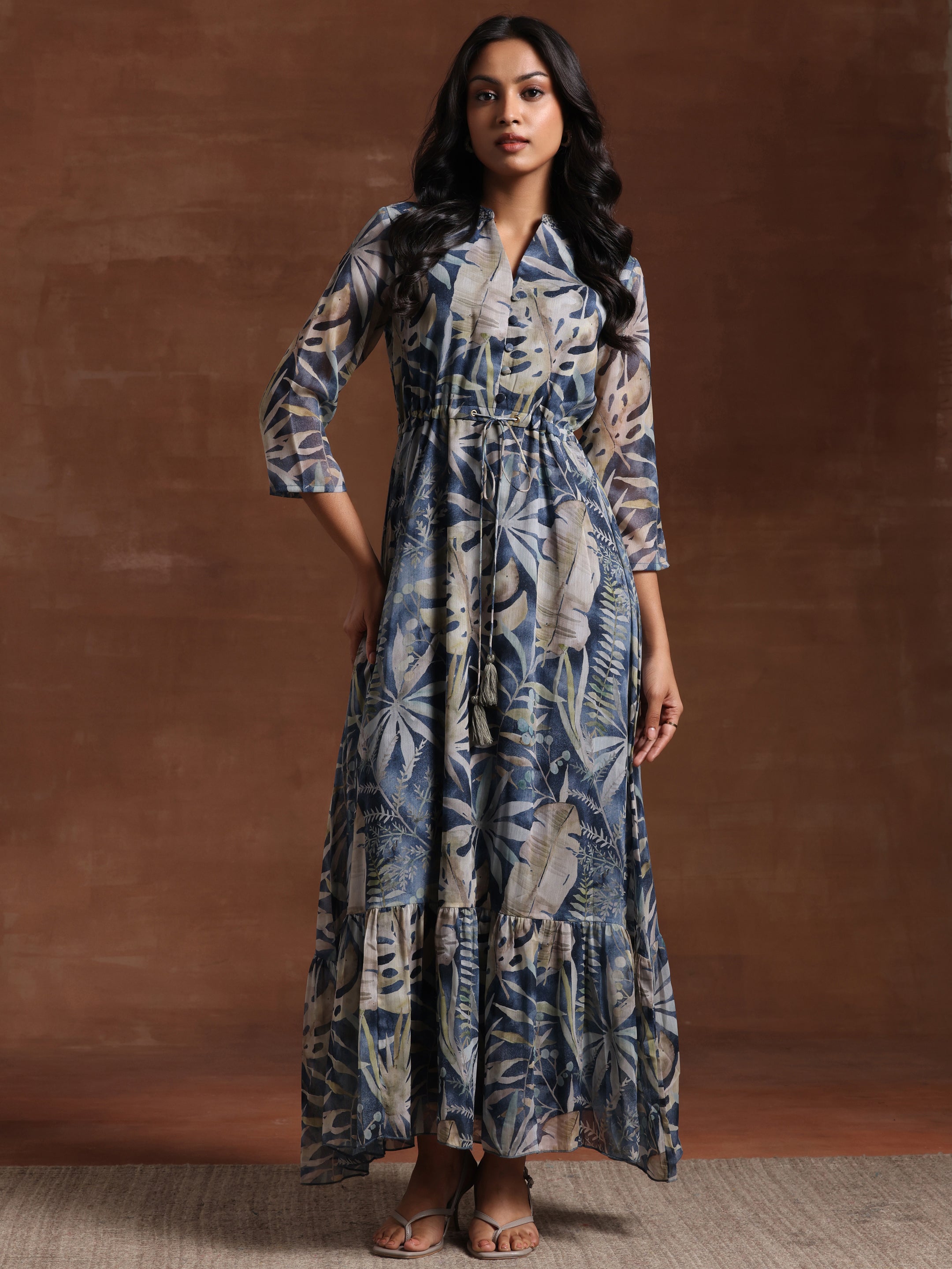 Blue Printed Chiffon A-Line Dress