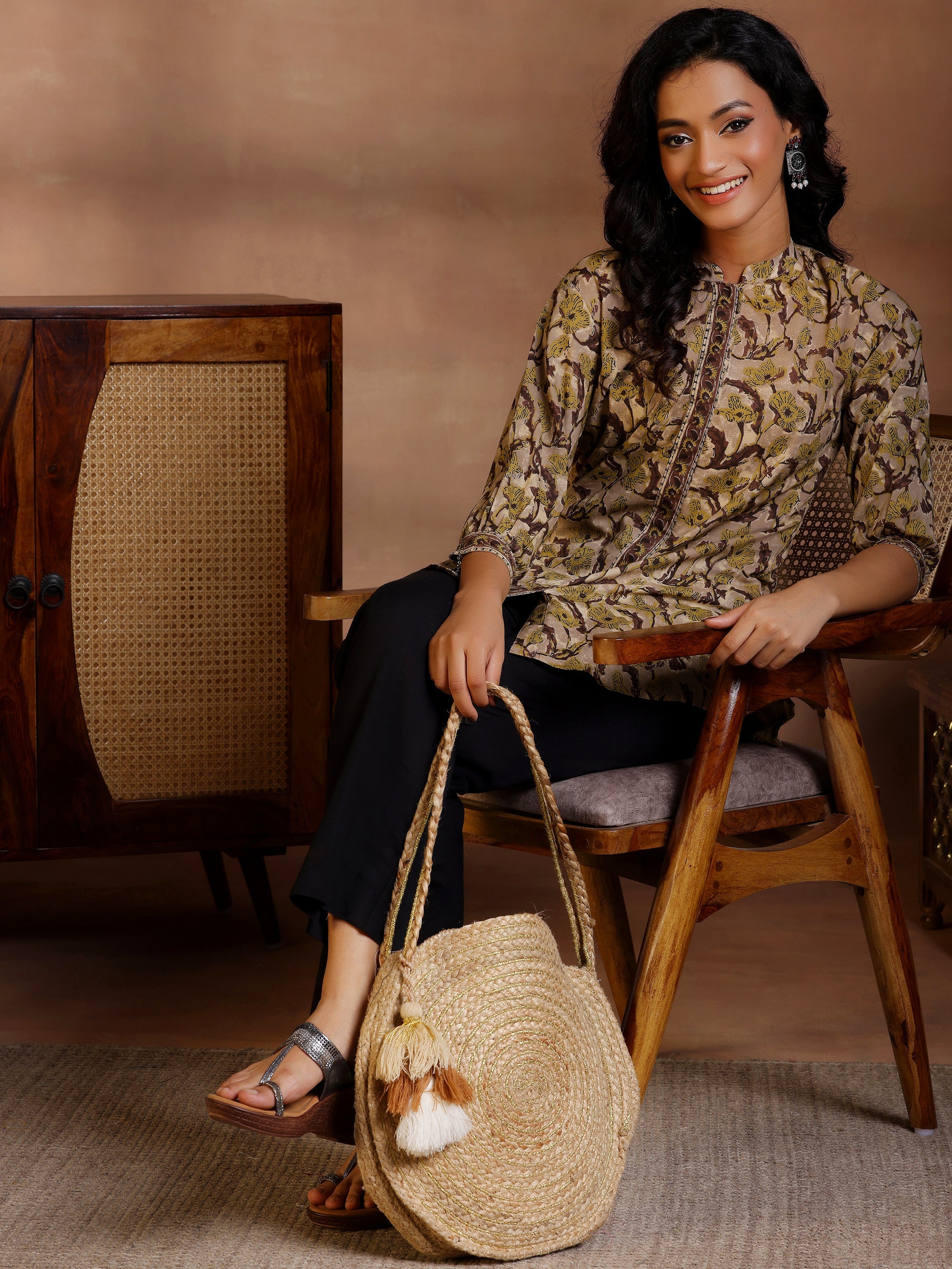 Brown Printed Cotton Straight Kurti