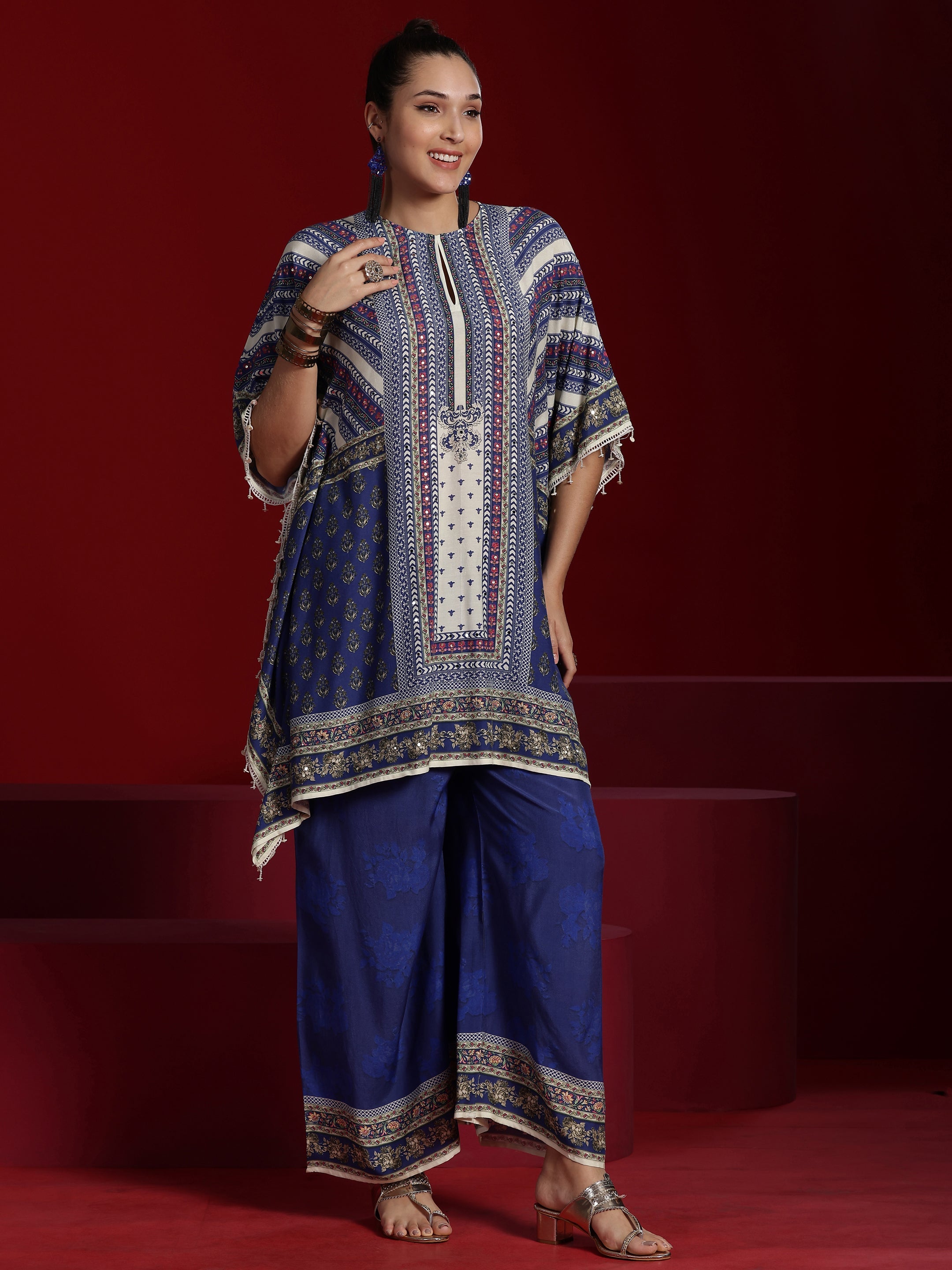 Libas Art Blue Printed Silk Blend Kaftan With Palazzos